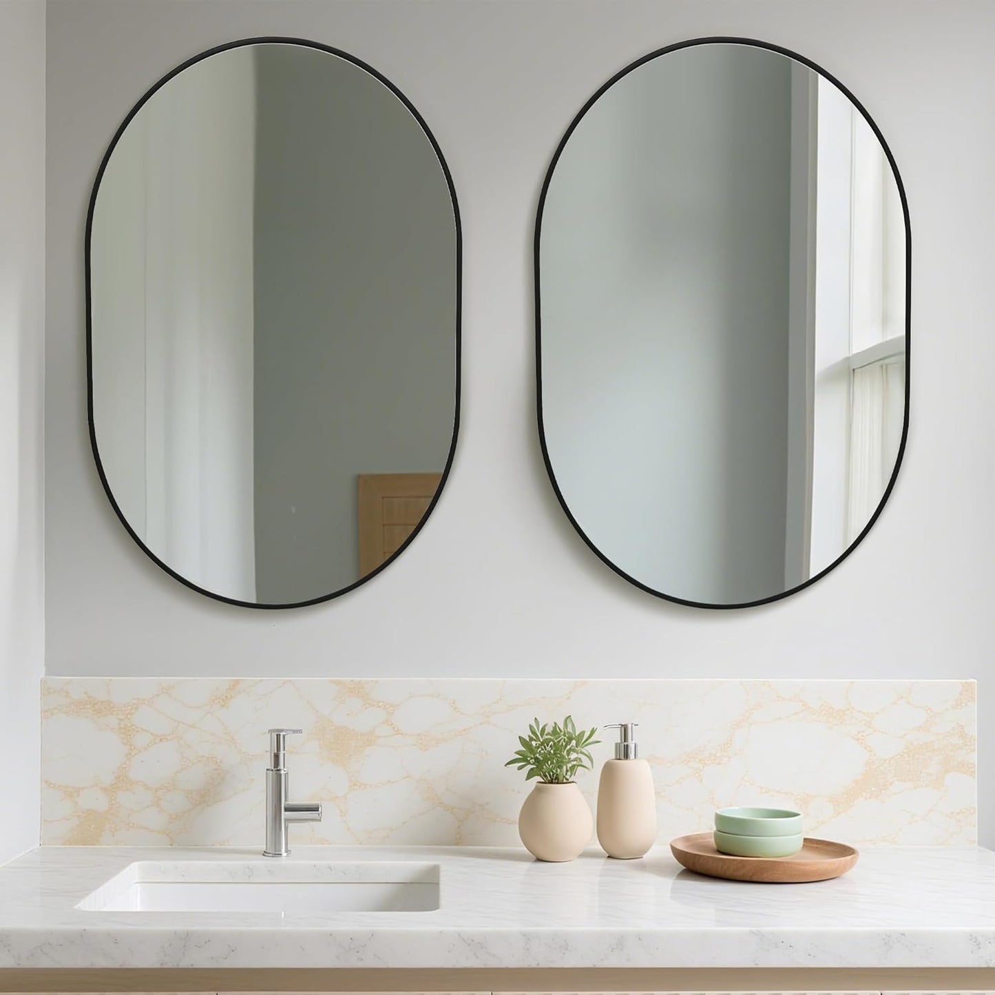 Oval Bathroom Mirror 24x36 Inch, Pill-Shaped Black Framed Wood Wall Mirrors with Tempered Glass for Bedroom,Entryway or Living Room