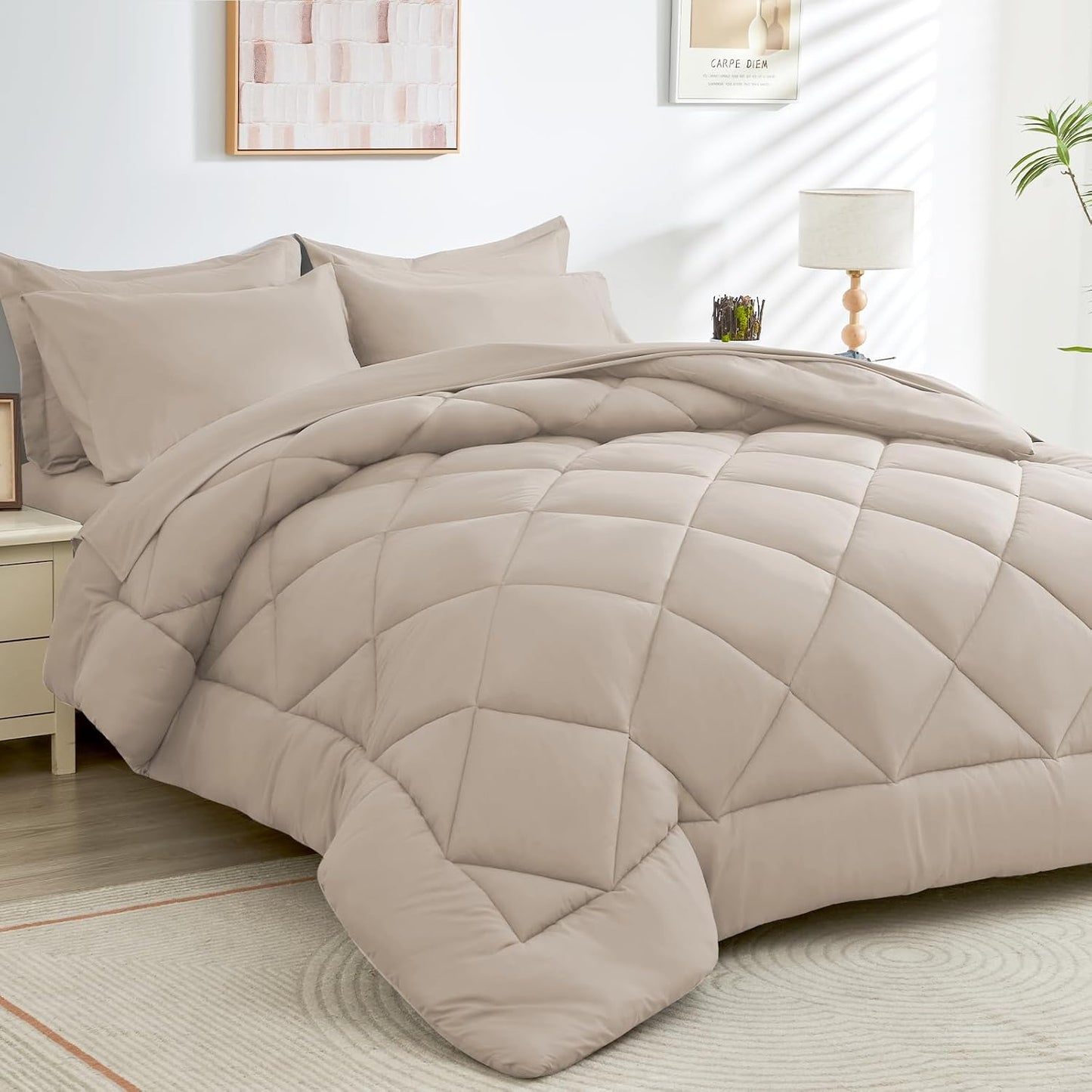 HEVUMYI Khaki Twin-XL Comforter Set - 5-Piece All Season Bed in a Bag Twin-XL, Ultra Soft Bedding Set with Comforter, Flat Sheet, Fitted Sheet, Pillowcases, Pillow Shams