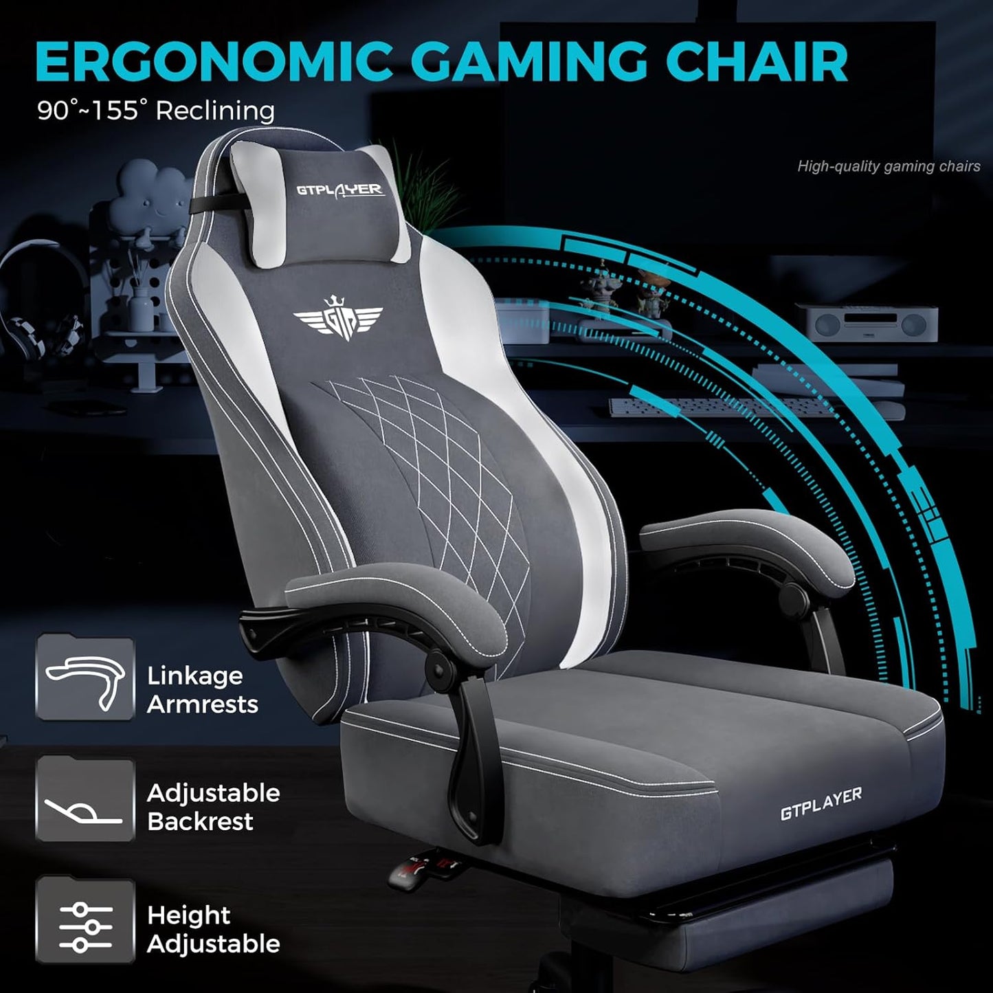 GTPLAYER Big and Tall Gaming Chair Breathable Fabric Computer Chair with Strong Lumbar Support, Comfortable Office Chairs with Pocket Spring Cushion, High Back Ergonomic Desk Chairs with Footrest
