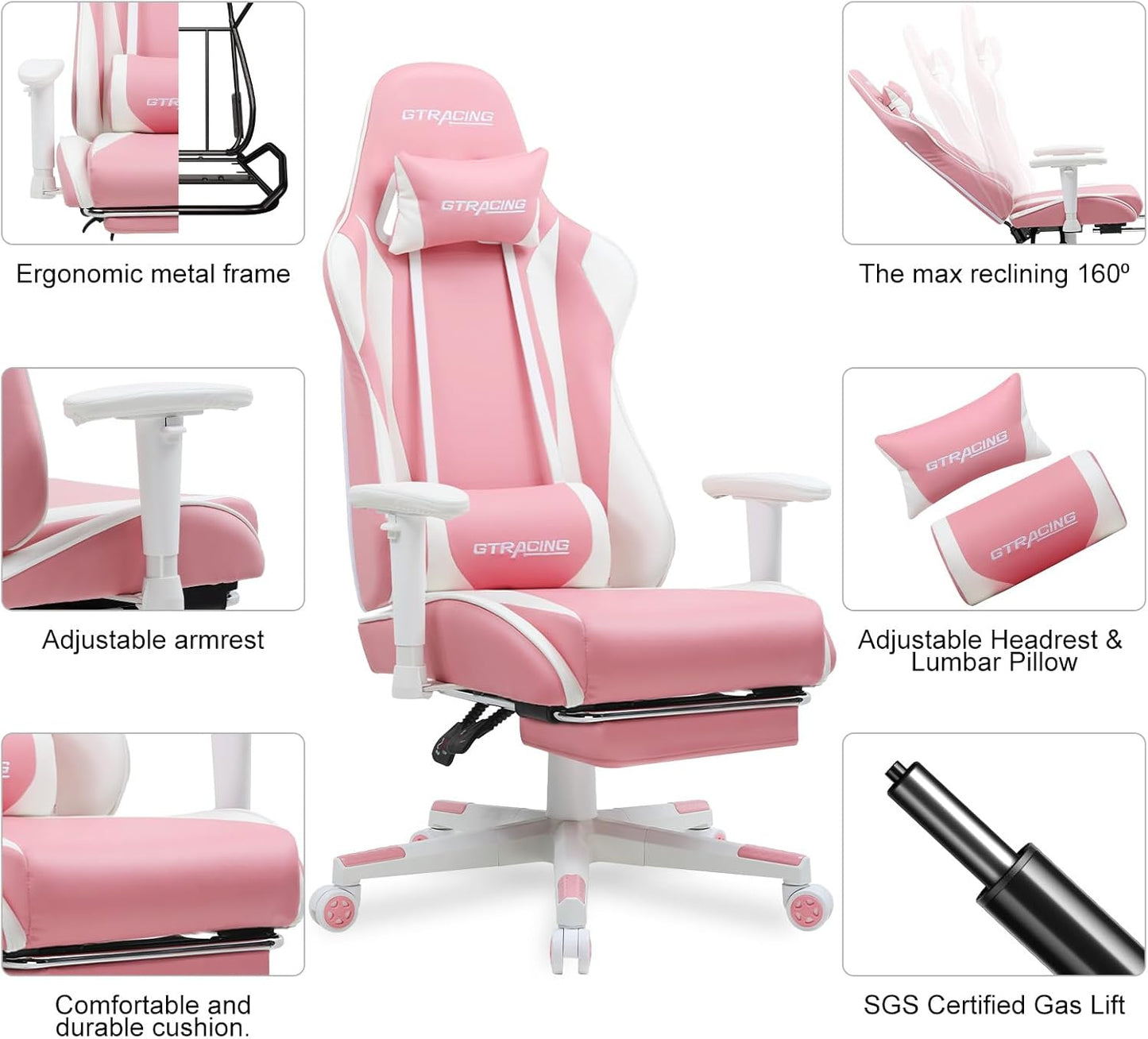 GTRACING Gaming Chair with Footrest, Ergonomic Computer Game Desk Chair, Reclining Gamer Chair Seat Height Adjustment, Swivel Rocker with Headrest and Lumbar (Pink)