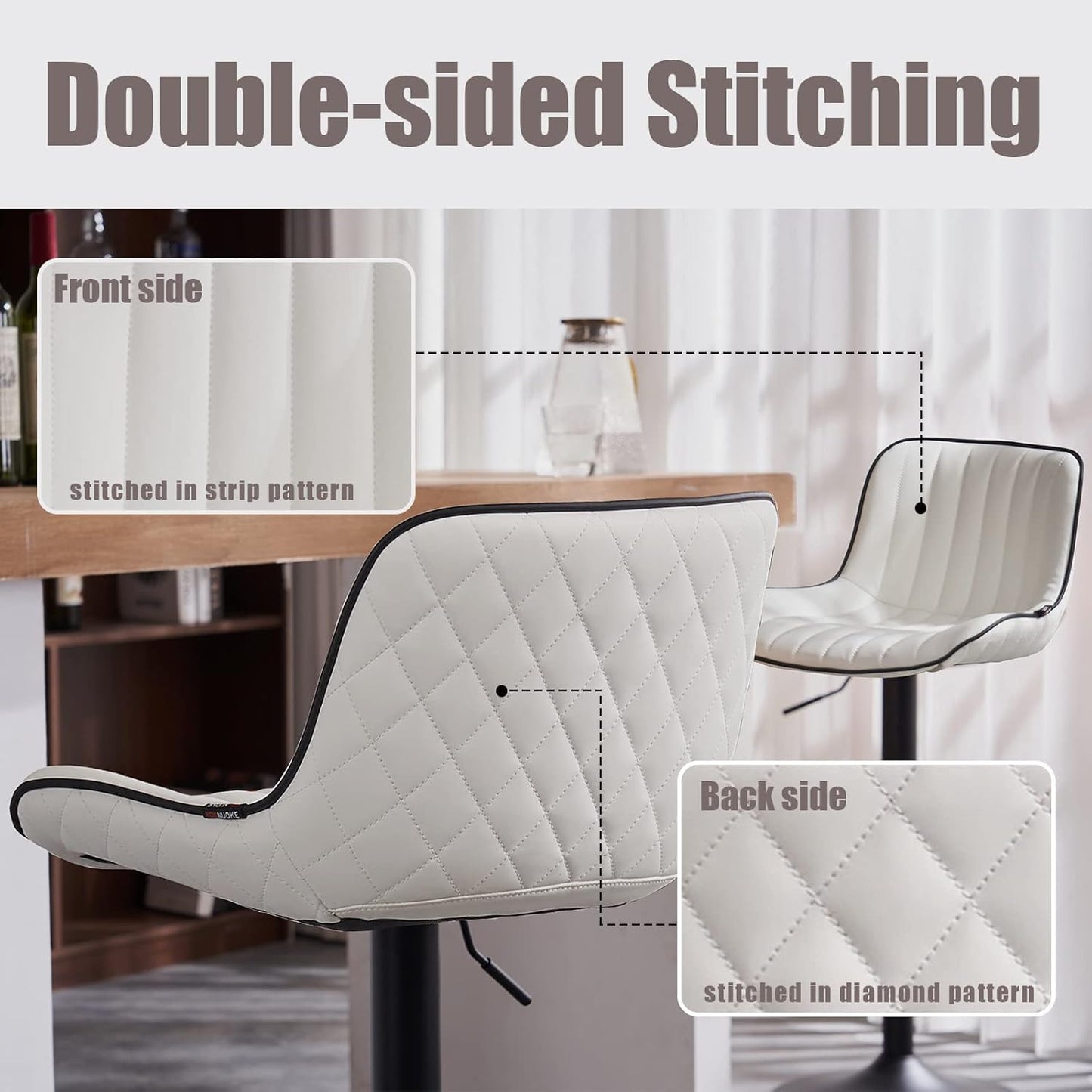 YOUNIKE White Bar Stools Set of 2 Kitchen Counter Height Barstools Upholstered Swivel Modern Faux Leather Bar Chairs with Backs Adjustable High Breakfast Island Stool with Metal Leg