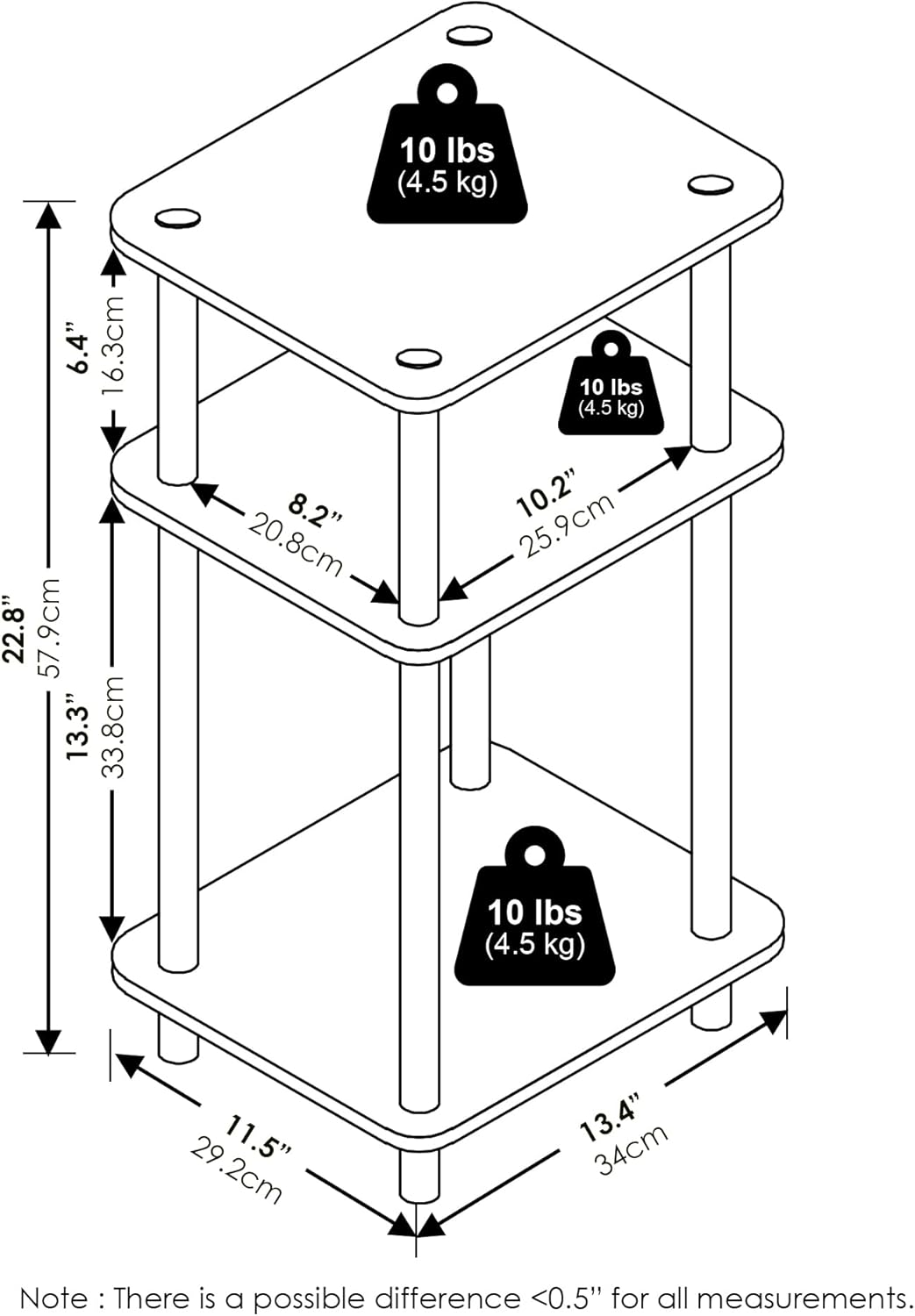 Furinno Just 3-Tier Turn-N-Tube End Table, 1-Pack, Amber Pine/Black