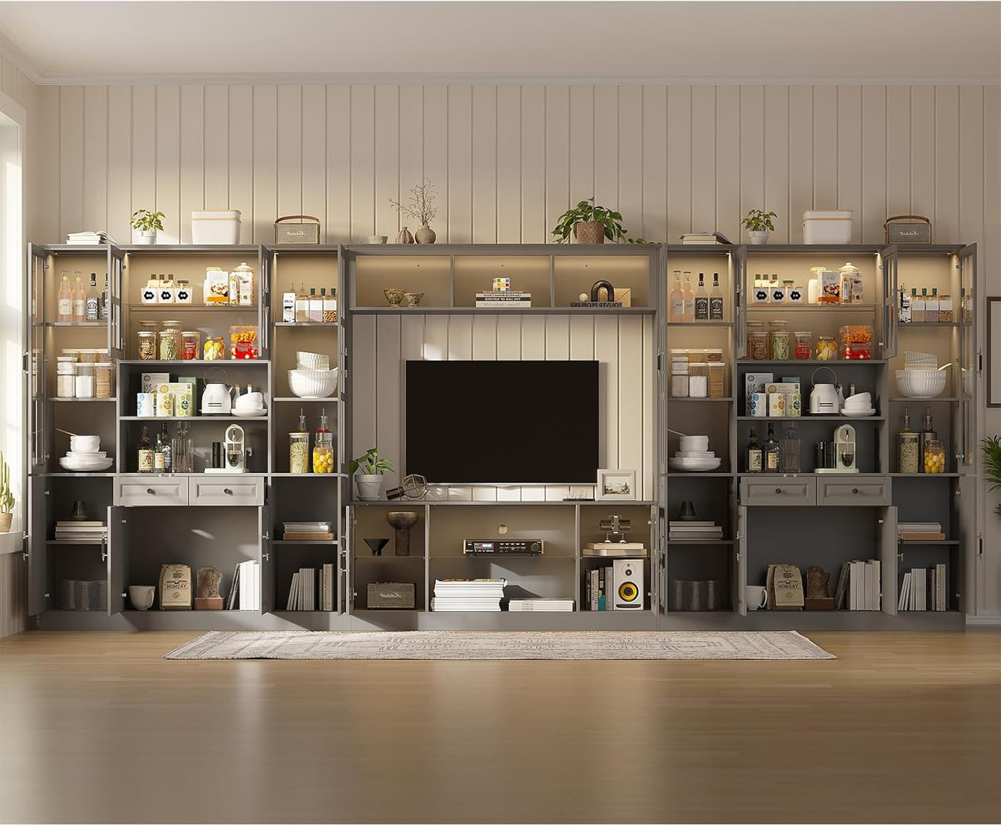 4-Piece Wall Unit TV Stand with Storage & LED Lights for TVs up to 75", Modern Entertainment Center with Bookshelves & 8-Door Pantry Cabinet, Gray