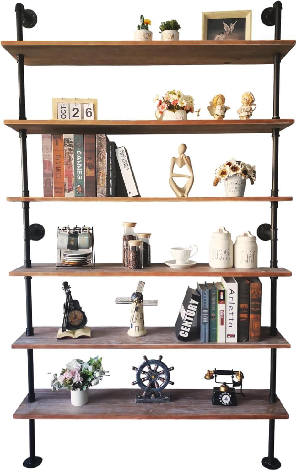Industrial Ladder Pipe Shelf, Wall Mounted Wood Metal Bookshelf for Living Room Storage (Weathered Brown, 6 Tier - 10" D x 48" W x 82.5" H)