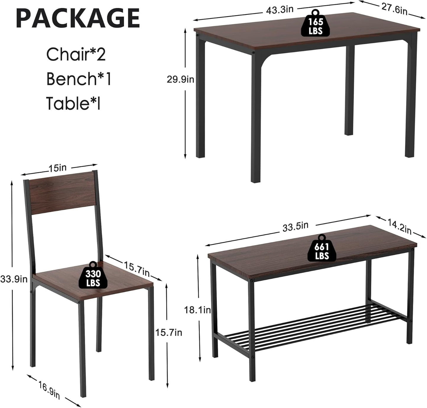 sogesfurniture 4 Piece Dining Table Set, Dining Table Set for 4, Kitchen Dinner Table with Benches for 4, Includes Table, 2 Chairs & Bench, Brown