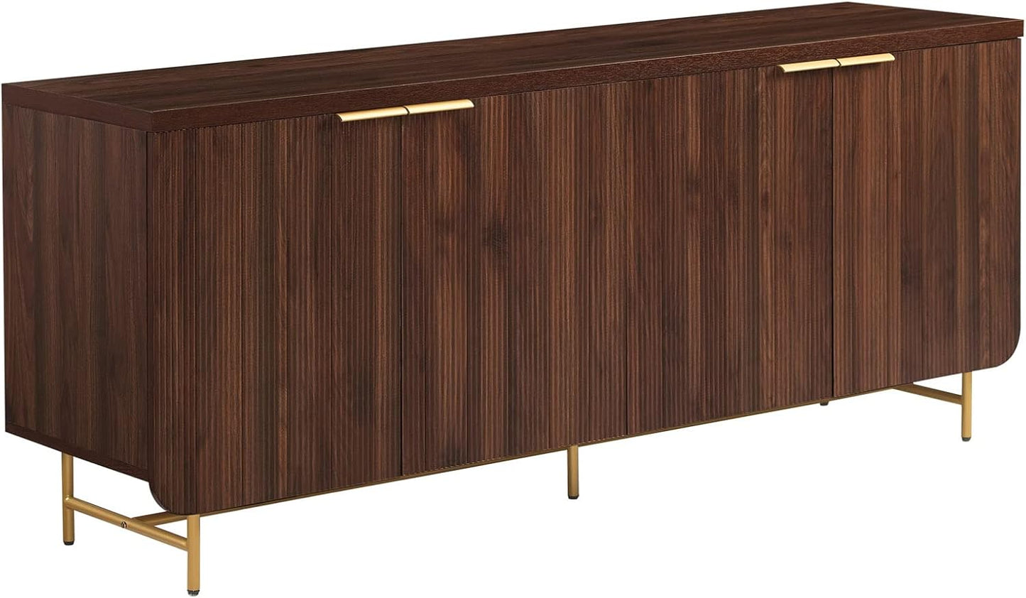 Walker Edison Reema Fluted 4-Door Kitchen Sideboard Buffet Console, 69 Inch, Gold,dark Walnut