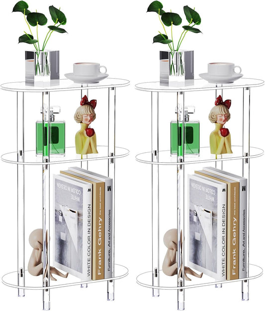 Clear Acrylic Narrow Side Table Set of 2 for Small Spaces, 15.75" L x 7.87" W x 24.6" H, 3 Tier Oval Slim End Table Nightstand, Small Skinny Bedside Table for Bedroom, Bathroom, Living Room