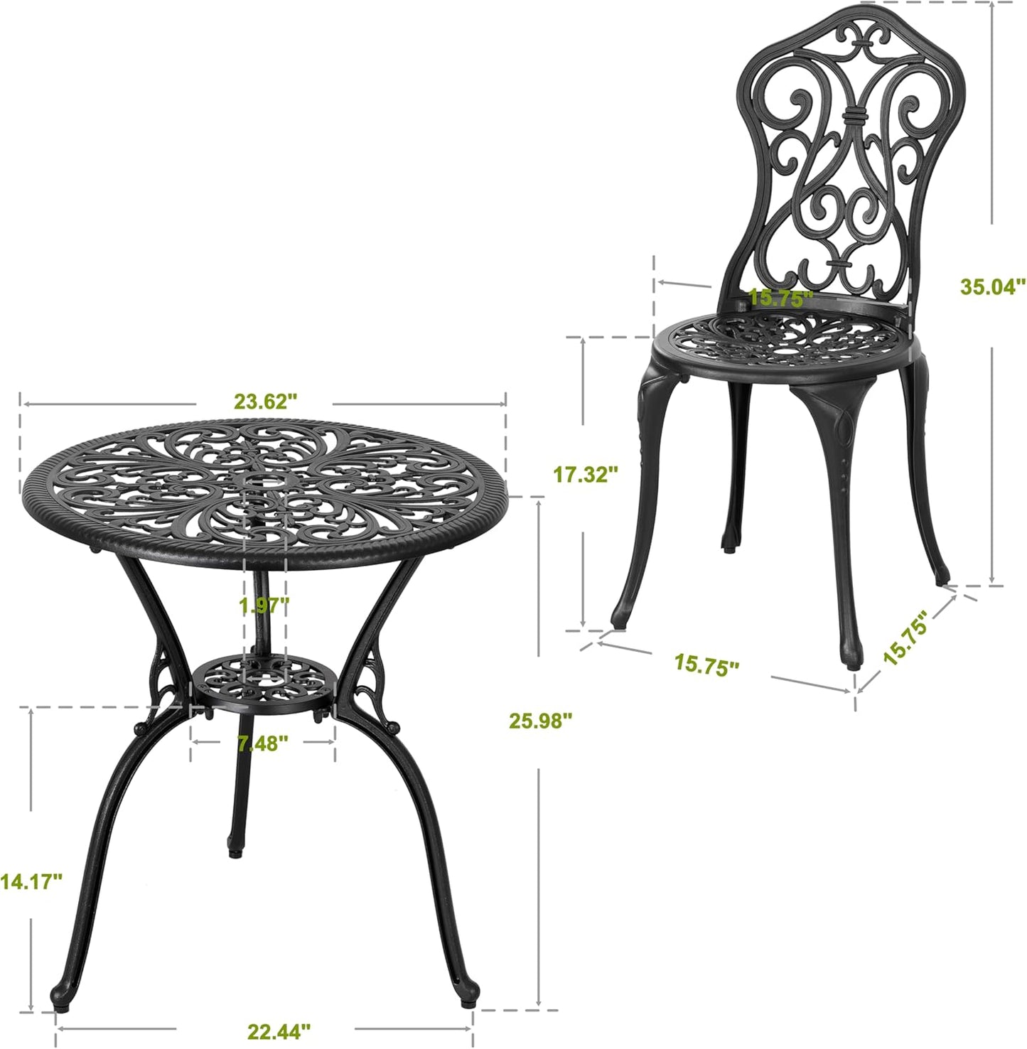 NUU GARDEN 3 Pieces Patio Bistro Set, Round Table with Umbrella Hole, Outdoor Bistro Set with 2 Chairs, All-Weather Outdoor Patio Bistro Set for Garden, Lawn, Poolside, Porch, Black
