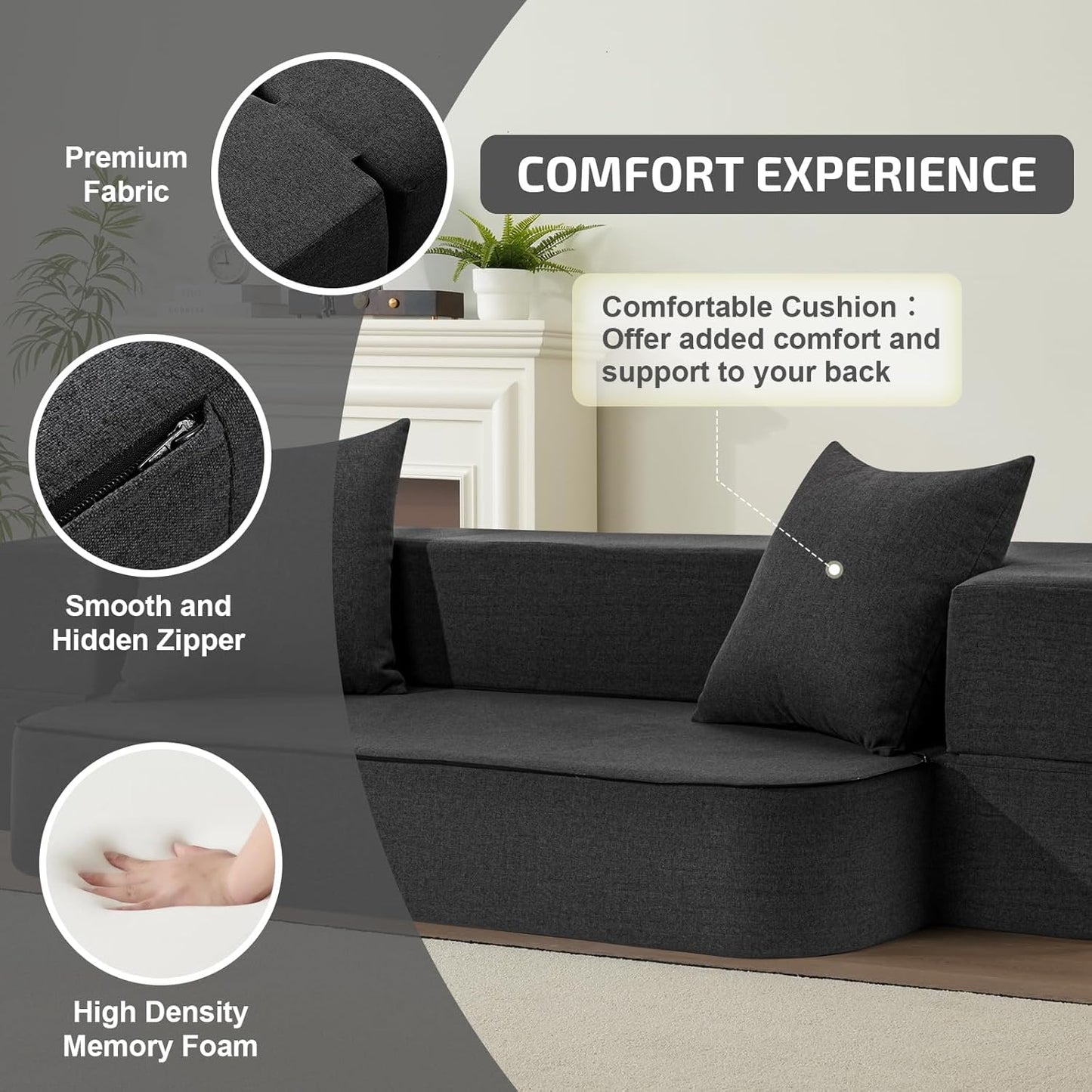 2-in-1 Folding Sofa Bed with Pillows - Folding Chair Floor Couch & Sleeping Mattress - Washable Cover & Memory Foam Sleeper Chair for Living Room/Guest Room/Apartment/Loft, Dark Gray, Twin