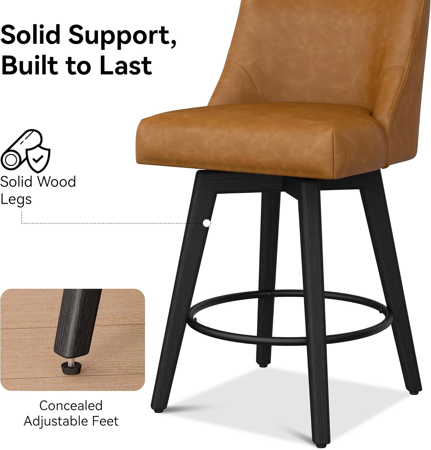 Counter Height Bar Stools Set of 6, Modern Swivel Barstools with Back and Wood Legs, Faux Leather Upholstered Bar Chairs, 26" H Kitchen Counter Stools, Kitchen Island Home Bar, Whisky Brown