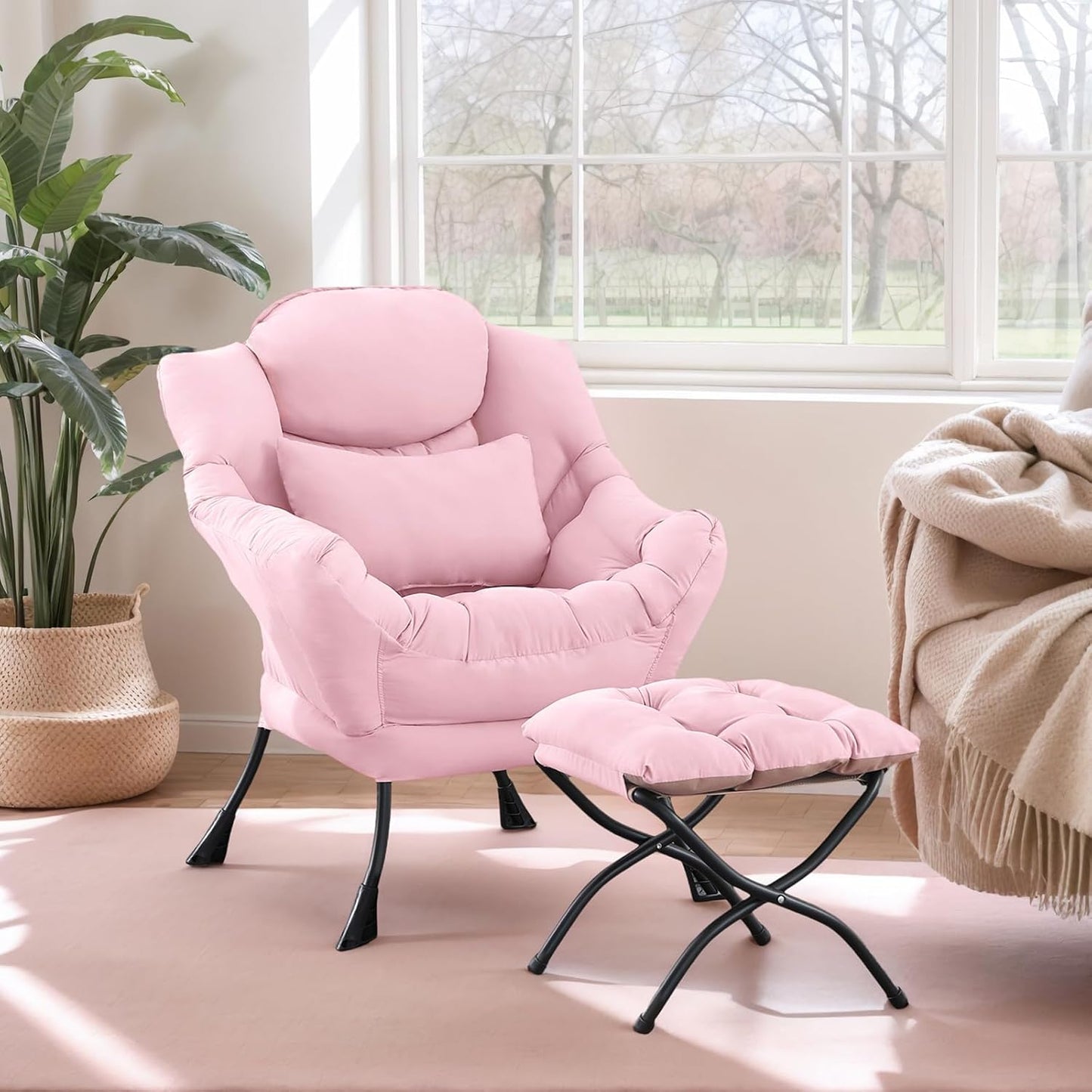 Lazy Chair with Ottoman, Modern Lounge Chair with Lumbar Pillow, Accent Cozy Reading Armchair and Folding Footstool for Bedroom, Dorm, Living Room,Pink