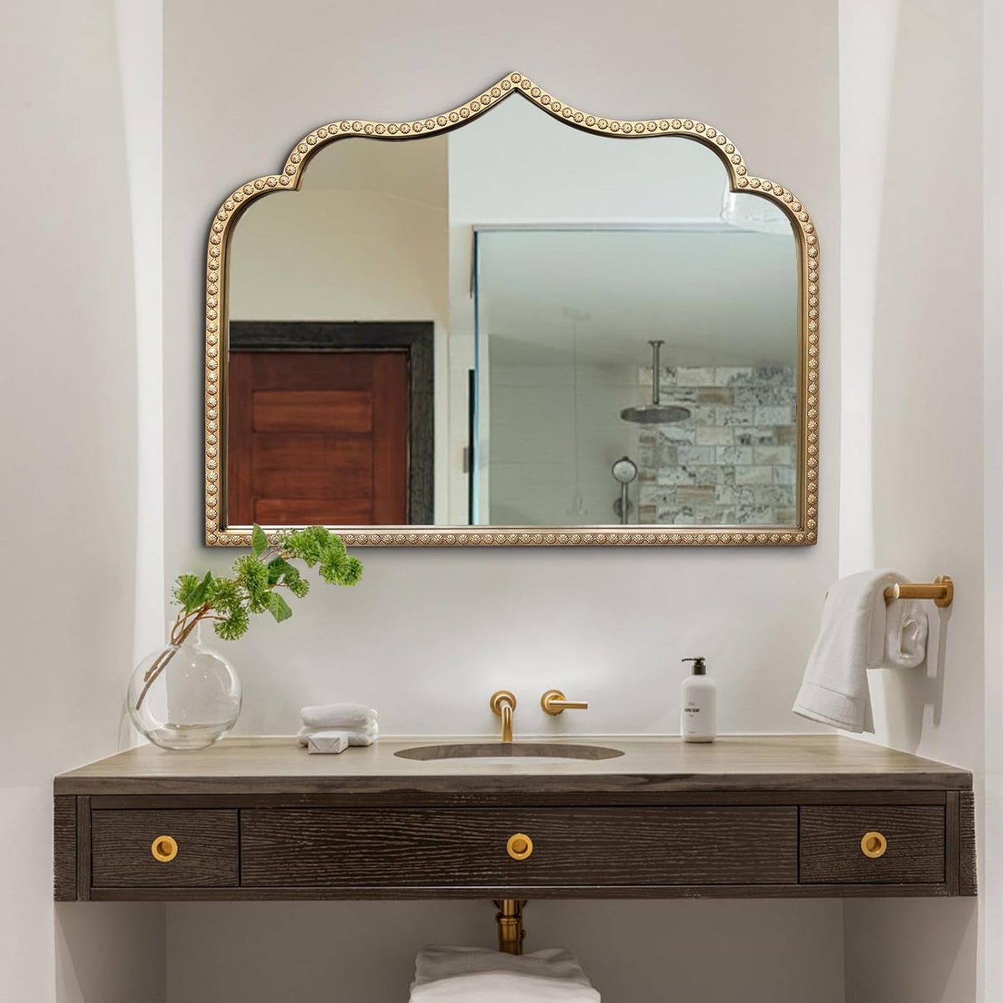 Gold Arched Mirror, 36"x28" Arch Vanity Mirrors for Bathroom, Metal Beaded Frame Ornate Decorative Mirror, Scalloped Vintage Mirrors for Fireplace Bedroom Living Room Entryway Hallway