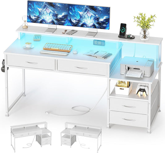 53" Computer Desk with 4 Drawers & Power Outlets, Reversible Home Office Desk with Monitor Stand & Printer Stand, Gaming Desk with Led Lights, Study Writing Work Desk Table for Bedroom (White)