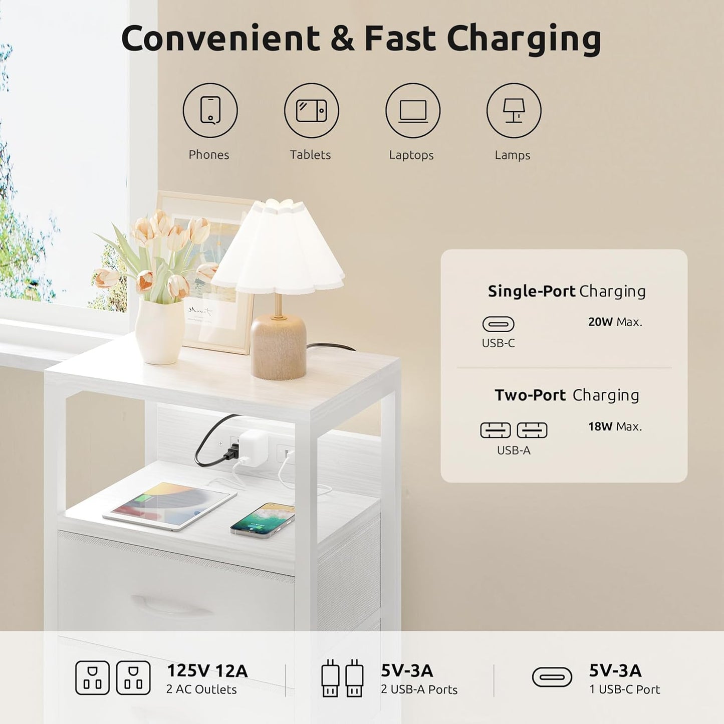 NightStand Bedside Charging Table Bedroom - Night Stand with Charger Station, White Modern Bed Side End Table with Open Shelf & 2 Fabric Drawers, USB-C USB Ports & AC Outlets for Dorm, Living Room