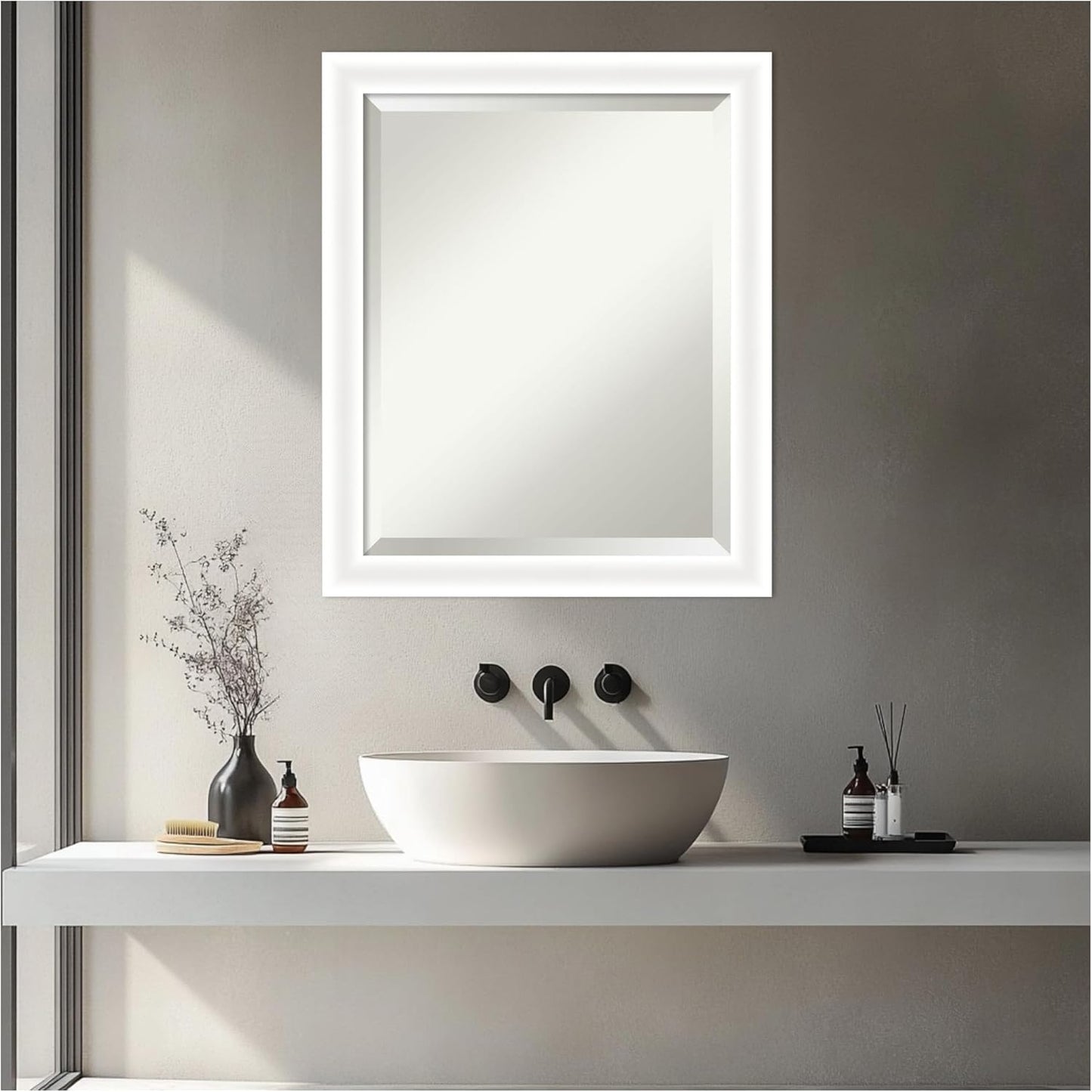 Amanti Art White Bathroom Mirror for Over Sink, 23x19 Oliver White Narrow Rectangle Vanity Mirror, Small Modern Wood Frame, Hangs Horizonally and Vertically, Bathroom Wall Decor, Beveled Edge