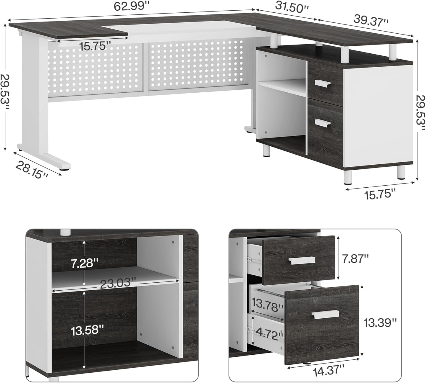 Tribesigns 63 Inch Executive Desk with File Cabinet, L Shaped Office Desk with Drawers and Storage Shelves, Business Furniture Set Workstation for Home Office, Gray and White