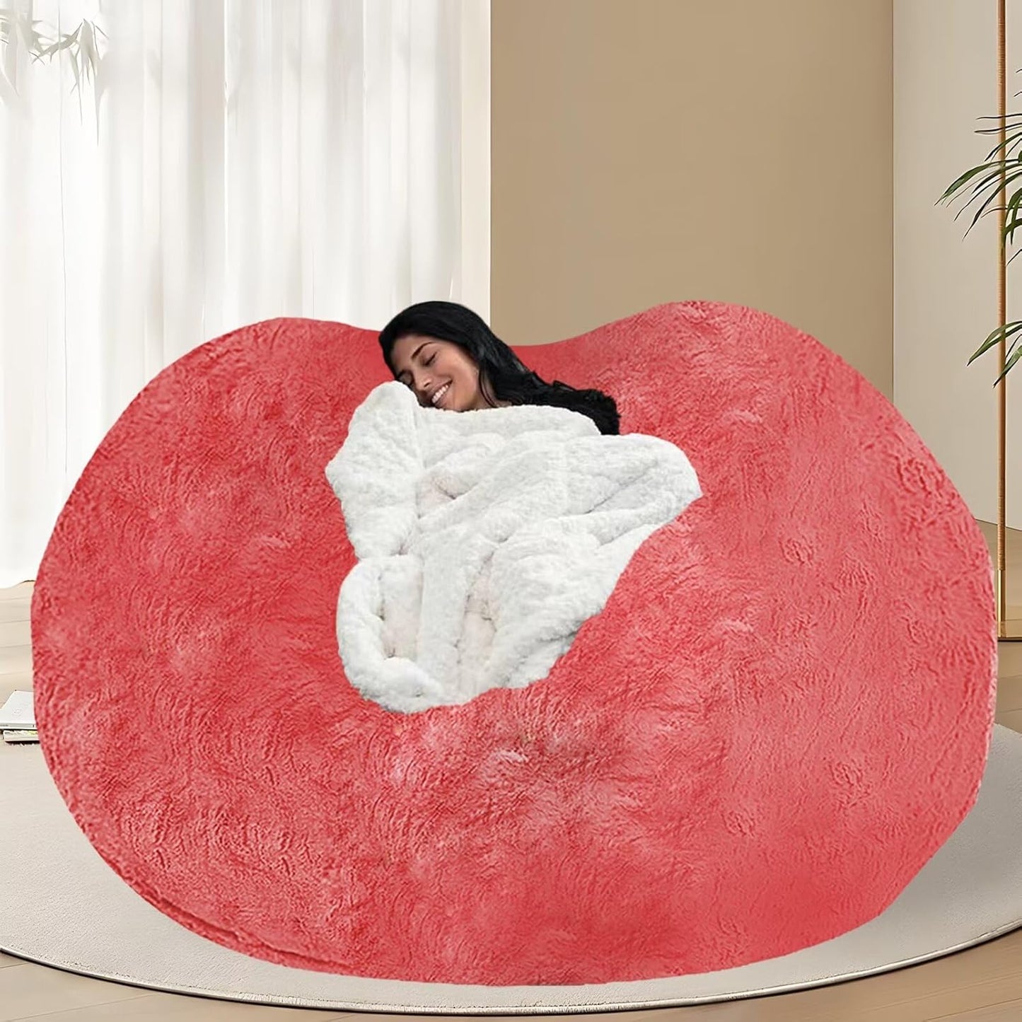 BCU Oversized Bean Bag Cover Comfy Beanbag Chair for Adults Without Filler Faux Fur Floor Chair Lazy Sofa Cover Comfy for Living Room Chairs, Rose Red, 5FT