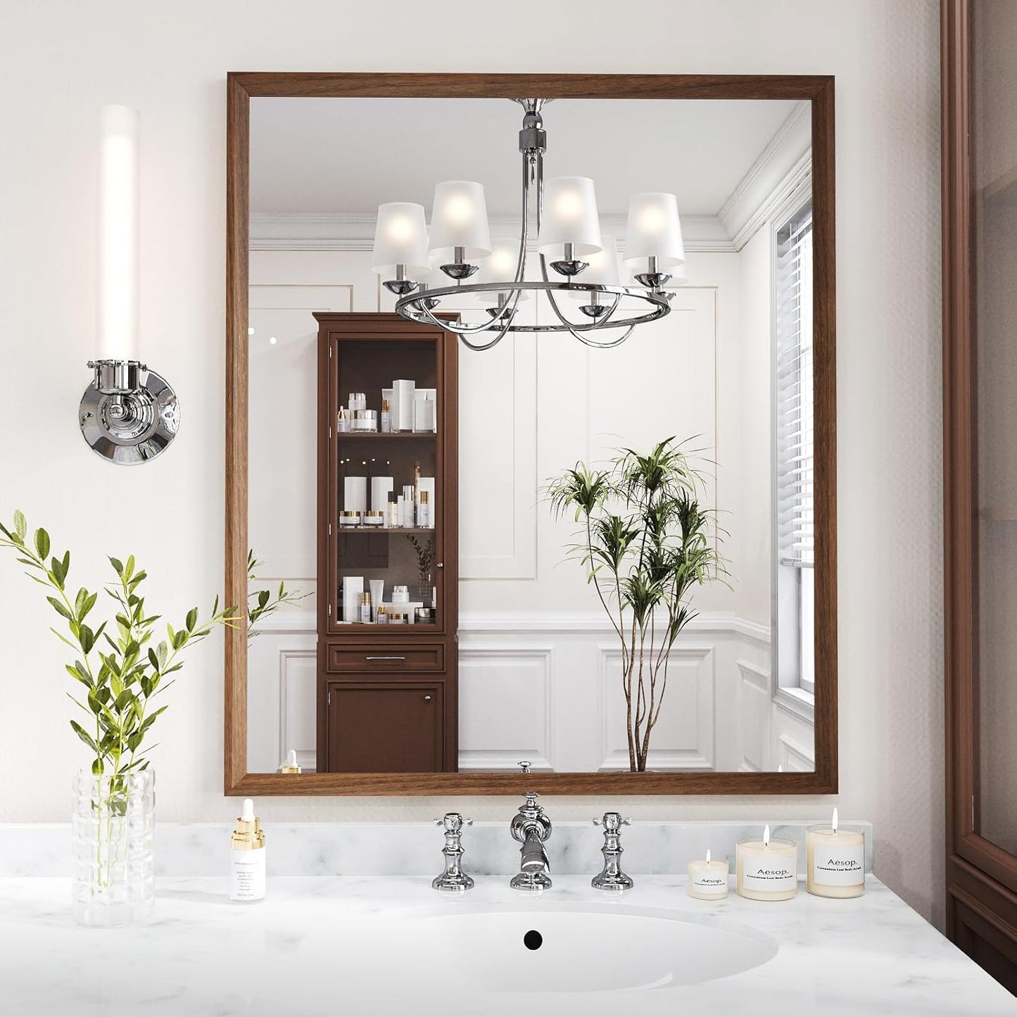 WEER Walnut Framed Mirror for Bathroom, 36x30 Inch Wall Mounted Mirror, Wood Grain Framed Vanity Mirror, Farmhouse Bathroom Mirror, Tempered Glass, Vertically or Horizontally, Anti-Rust