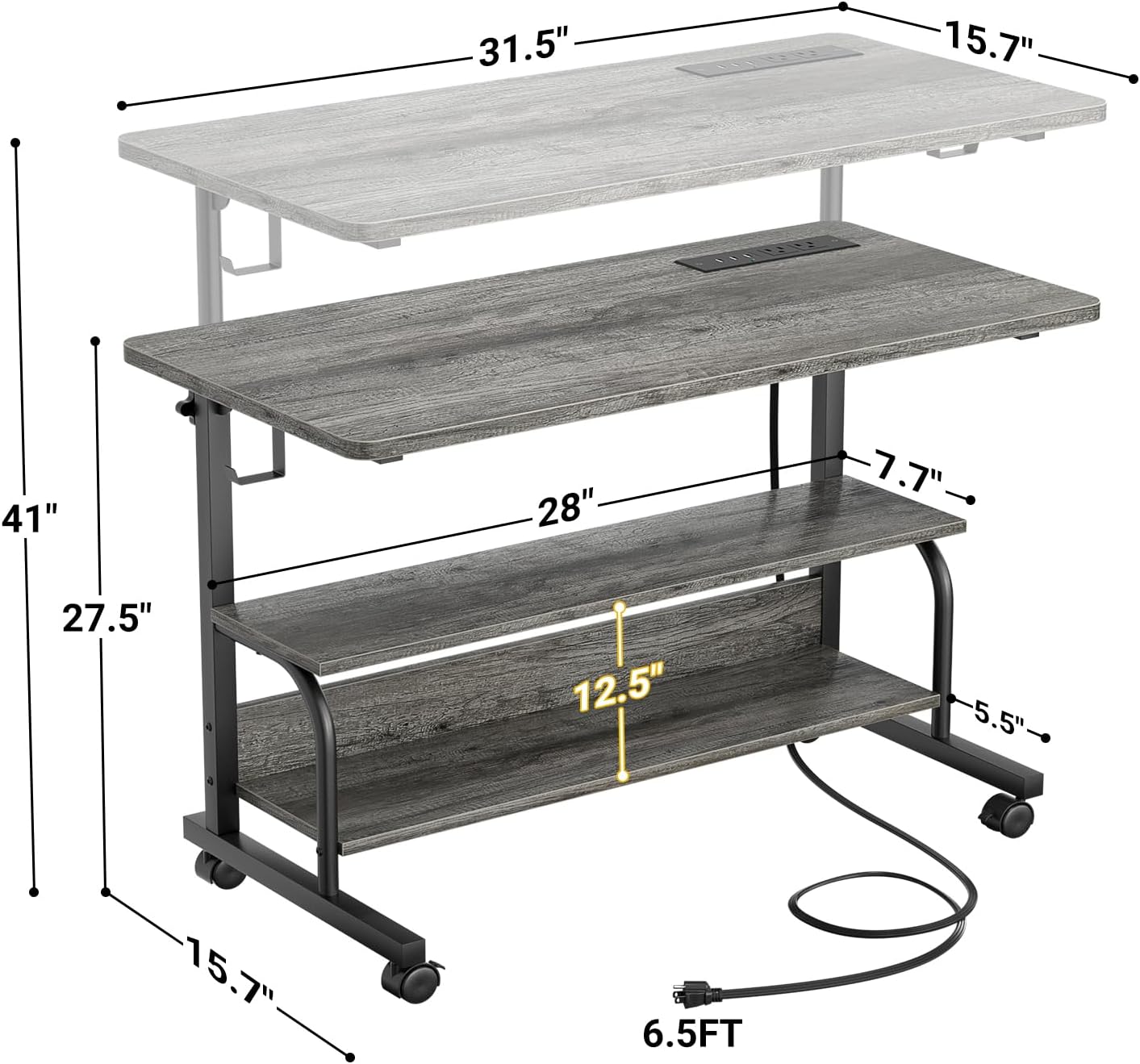 32" Height Adjustable Standing Desk with Power Outlets - Manual Rolling Stand Up Desk with Wheels Small Portable Computer Desk Mobile Laptop Table with Storage Shelves for Home Office, Grey Oak