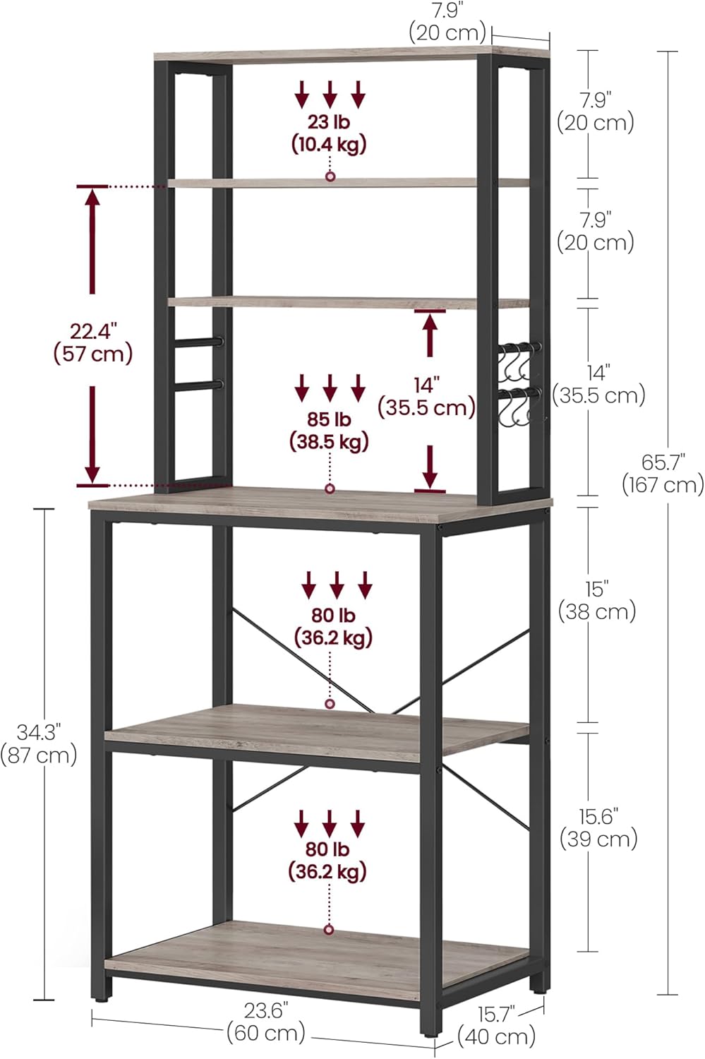 VASAGLE Coffee Bar, Baker’s Rack for Kitchen with Storage, 6-Tier Kitchen Shelves with 6 Hooks, Microwave Stand, Industrial, 15.7 x 23.6 x 65.7 Inches, Greige and Black UKKS024B02