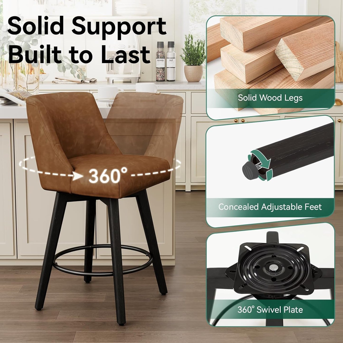 Vipbear Swivel Counter Height Bar Stools Set of 2,26.8" H Counter Stools with Back, Mid Century Modern Bar Stools for Kitchen Island,Faux Leather,Wooden Base, Brown