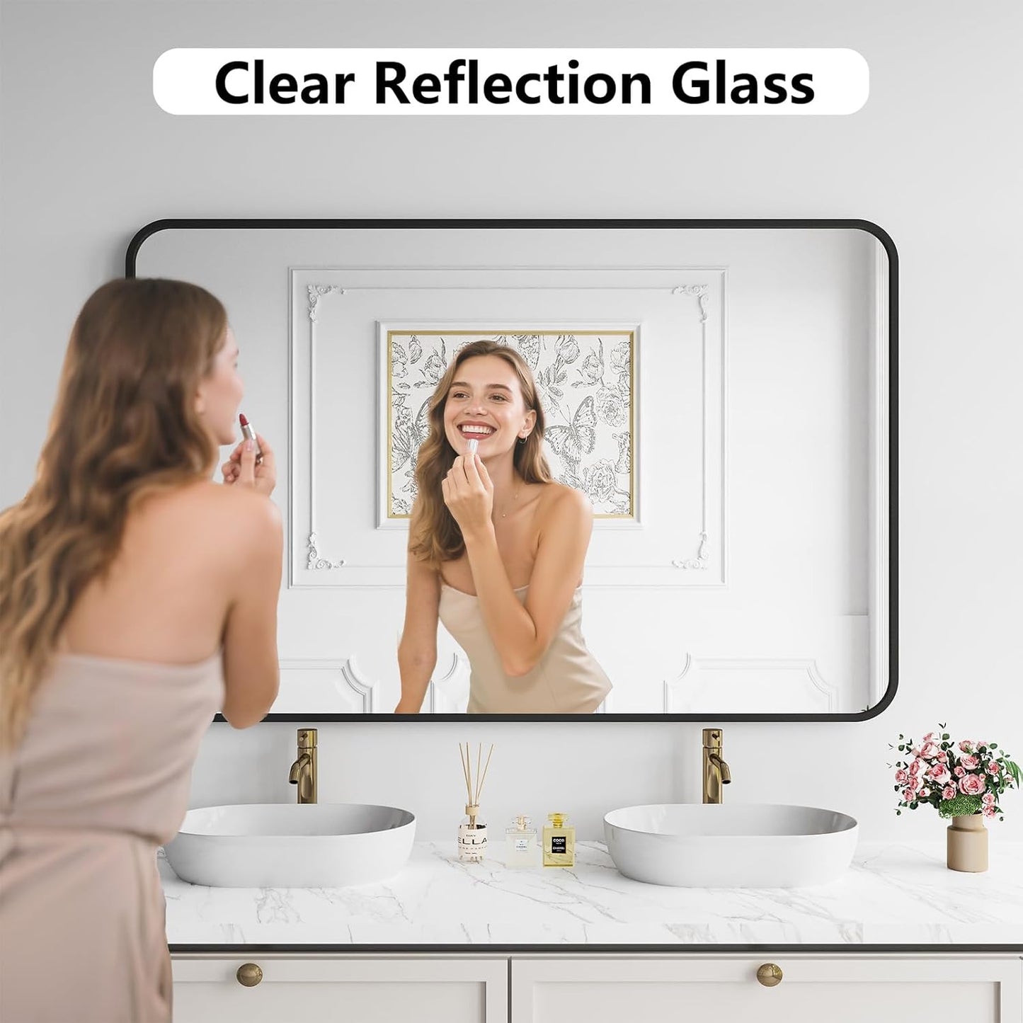 Koonmi Bathroom Mirror, 36X55 Inch Black Metal Framed Mirror for Bathroom, Tempered Glass, Anti-Rust, Rounded Rectangle Mirror for Restroom, Bedroom, Black