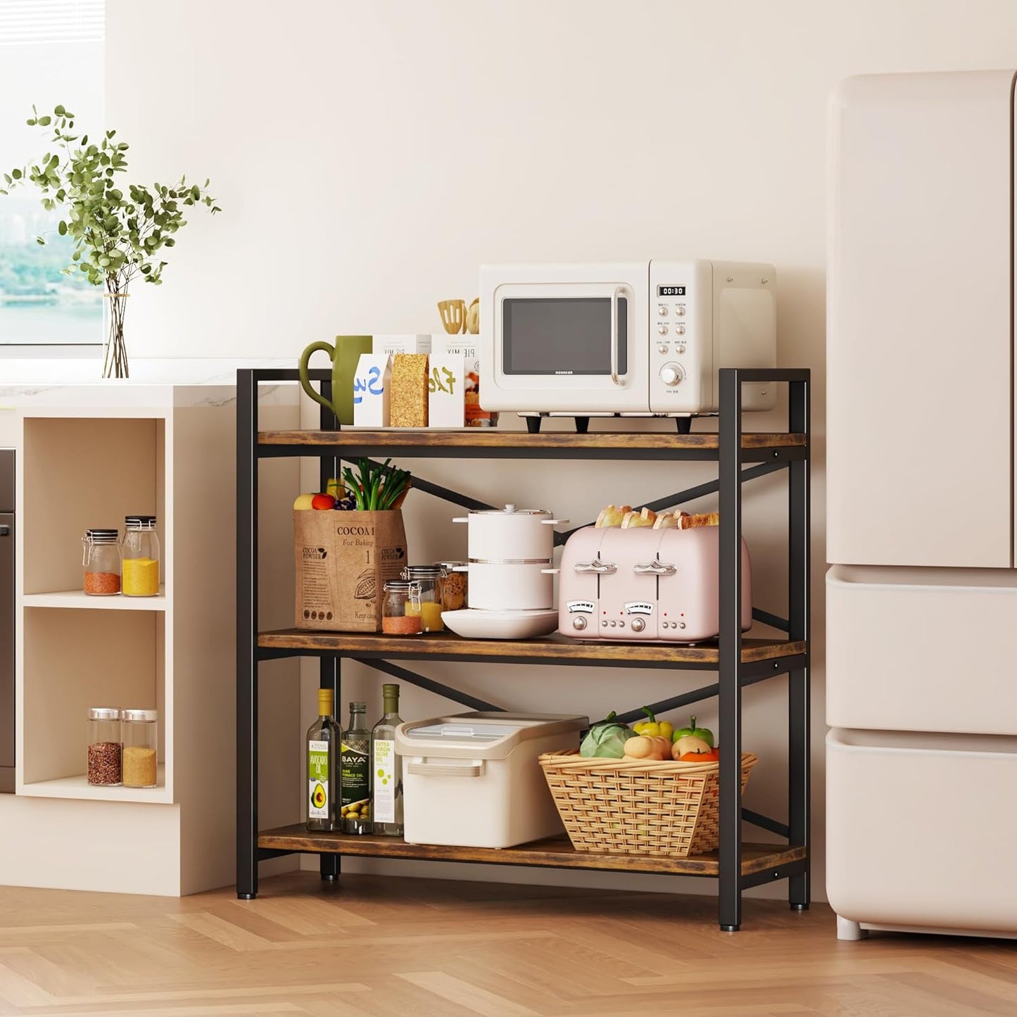 Homeiju 3 Tier Bookshelf 31.49" Width, Wood and Metal Etagere Bookcase, Vintage Farmhouse Modern Wooden Big Book Shelf for Home Living Room Bedroom Office Storage(Rustic Brown)