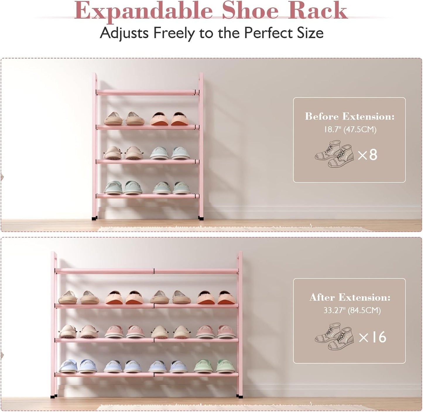 Bumusty 4-Tier Expandable Shoe Rack for Closet, 18“-33” Adjustable Shoe Rack for Small Space, Small Shoe Organizer for Front Door, Sturdy Metal, Pink