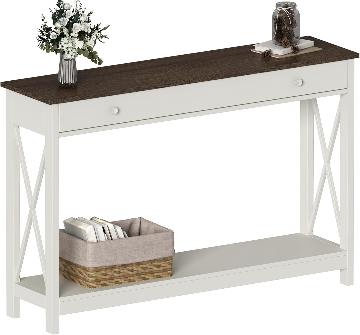 Treocho 47" Farmhouse Console Table with Drawer and Storage Shelves, Foyer Sofa Table Narrow for Entryway, Living Room, Hallway, Soft White