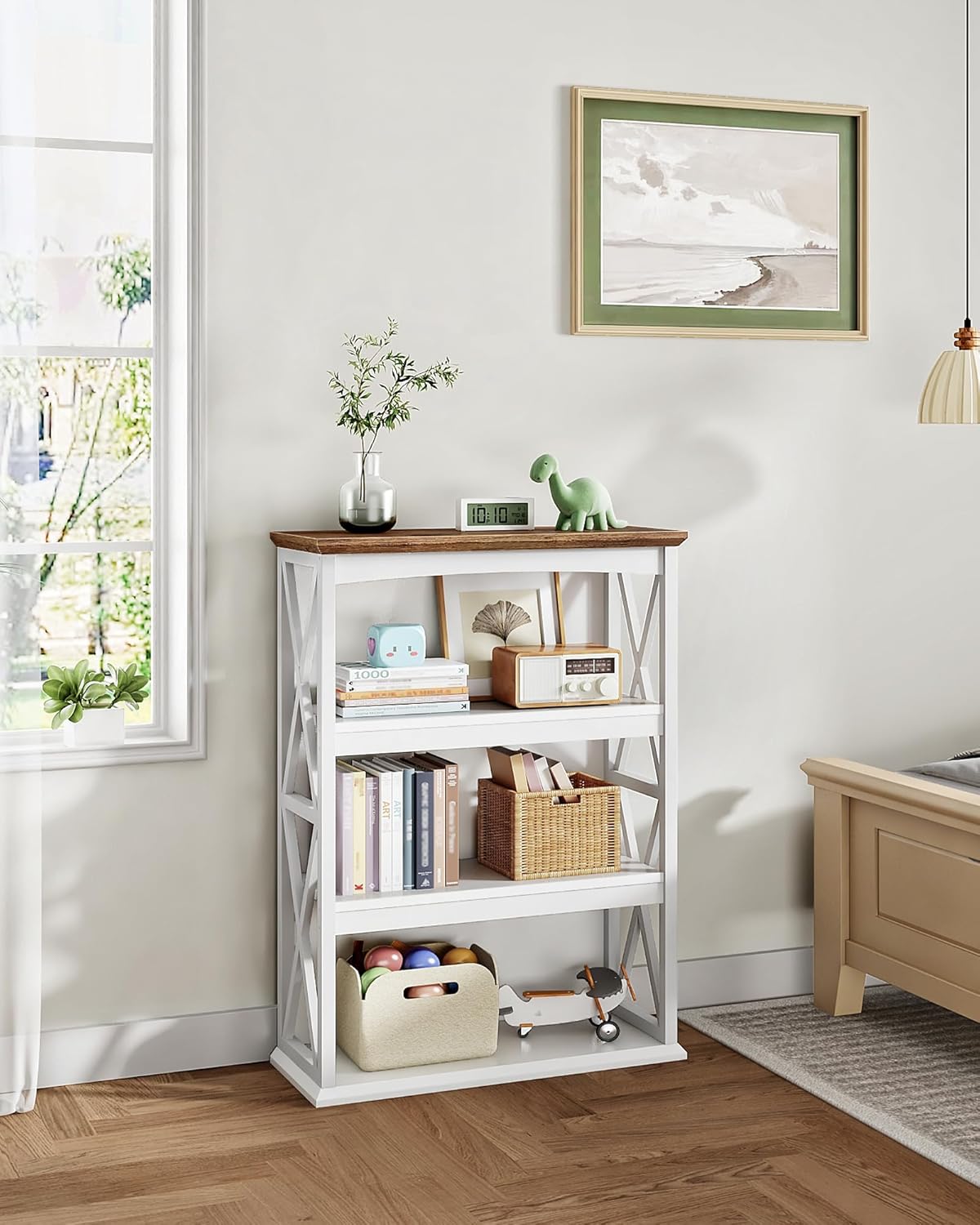 4-Tier Bookcase, 42.9" Floor Standing Organizer Shelf, Corner Book Stand, Metal Frame, for Study, Bedroom, Living Room, White and Walnut TSJ01WL