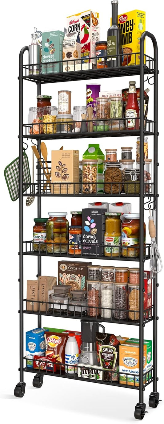 6 Tier Slim Storage Cart with Wheels, Metal Mobile Shelving Unit Organizer Utility Cart for Office Bathroom Kitchen Laundry Room Narrow Places (6inches)