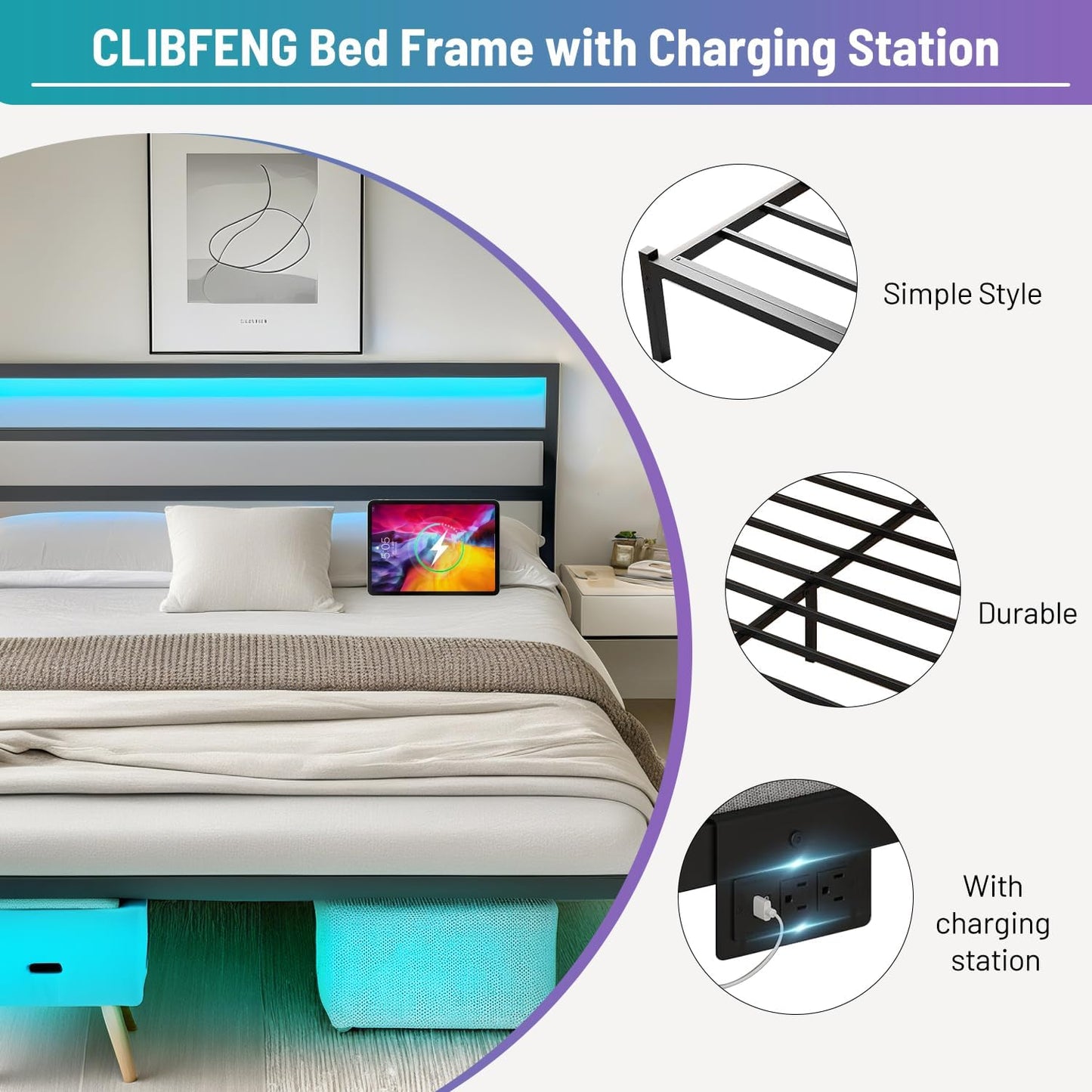 Queen Bed Frame with Headboard,Heavy Duty Steel Slats Support-LED Bed Frame with USB Charging Station,Mattress Foundation-Under Bed Storage,No Box Spring Needed,Noise Free，Black