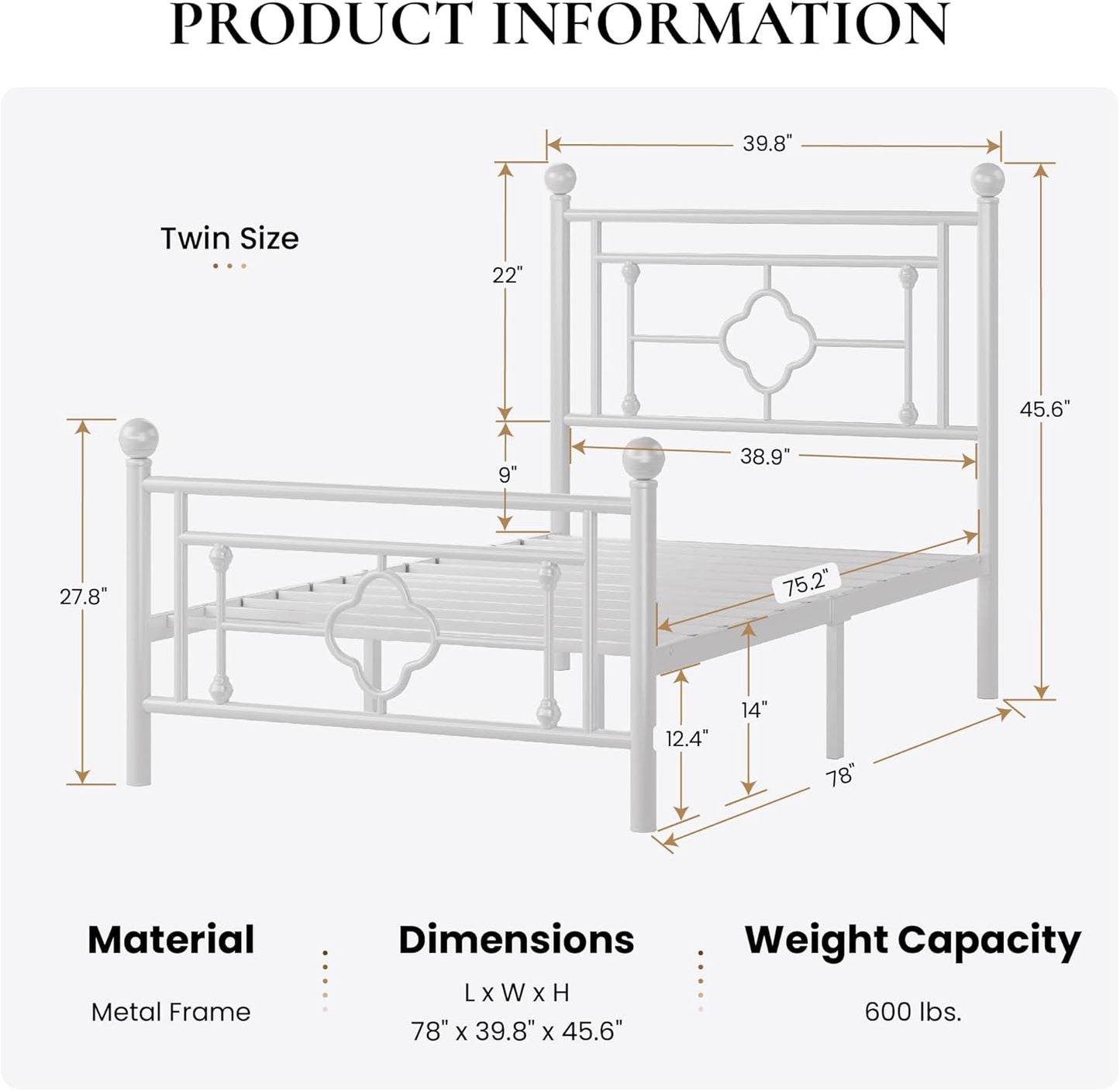 SHA CERLIN 14 Inches Twin Size Metal Platform Bed Frame/Vintage Iron-Art Headboard and Footboard/Mattress Foundation for Storage/No Box Spring Needed/Noise-Free/Easy Assembly/White