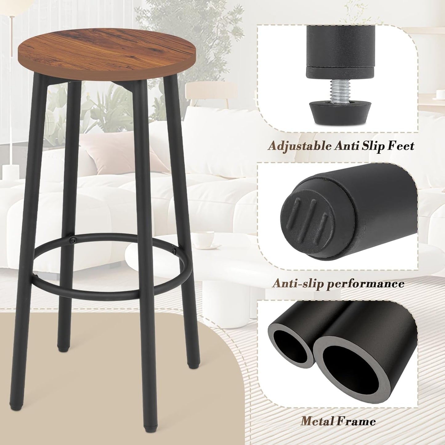 Athena Collection Bar Stools Set of 2, 25.5 Inches Round Counter Height Bar Stools Backless with Metal Legs and Footrest, Wood Barstools for Home, Kitchen Island, Counter, Brown