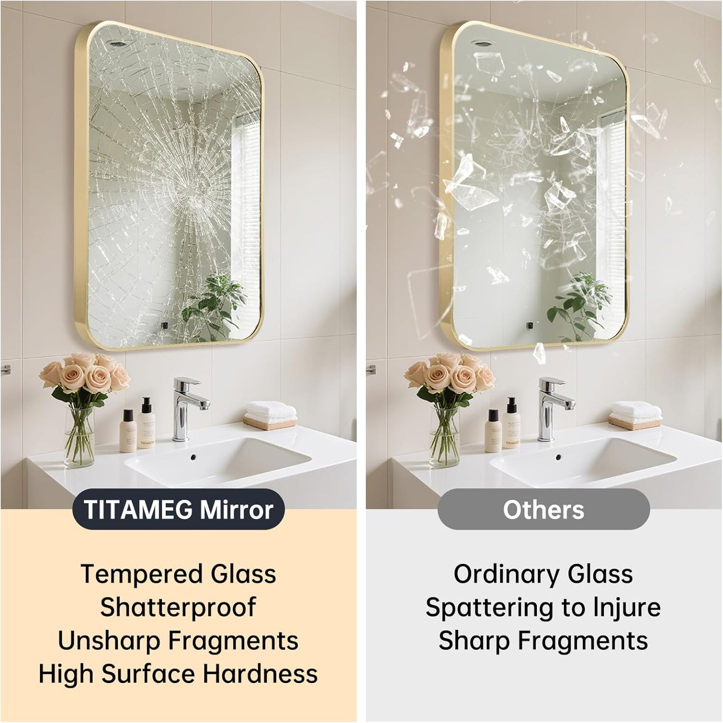 30x40 Inch Bathroom Mirror for Wall,Gold Framed Rectangle Mirror with Rounded Corner,Aluminum Alloy Framed Brushed Wall Mirror for Bedroom or Living Room,Vertical or Horizontal