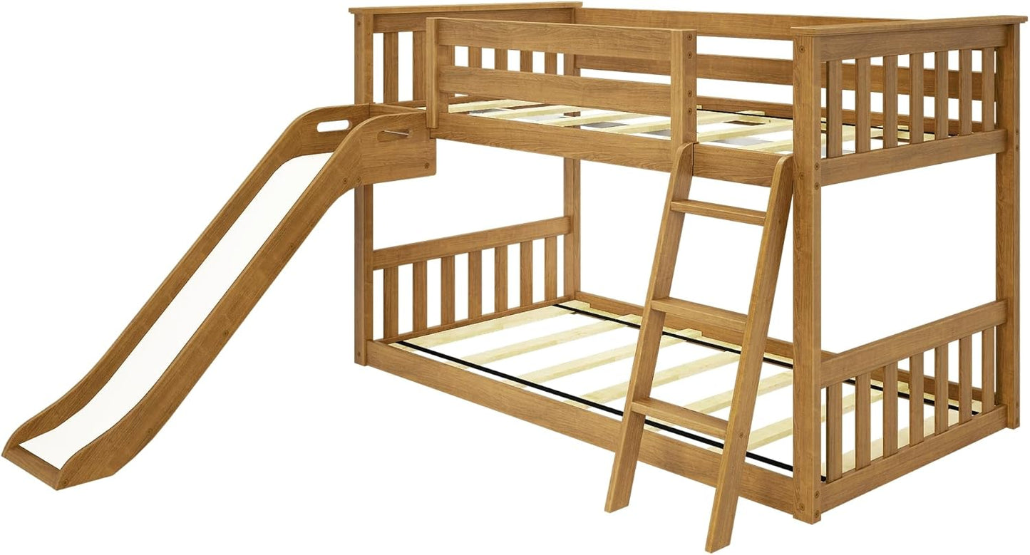 Max & Lily Twin Over Twin Low Bunk with Slide and Ladder, Wooden Bunk beds with 14” Safety Guardrail for Kids, Toddlers, Boys, Girls, Teens, Bedroom Furniture, Pecan