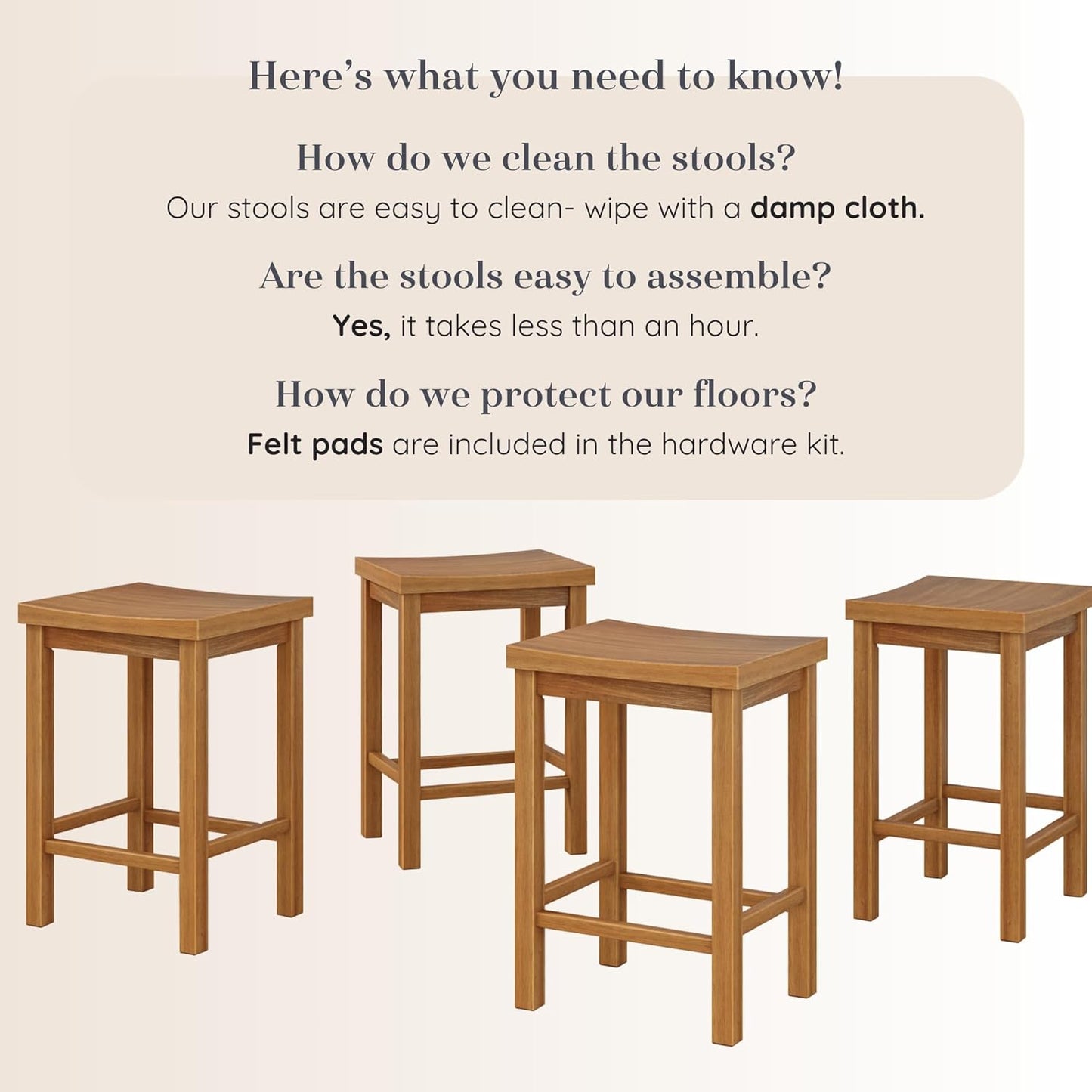 Grain & Grove Smith Collection Set of 4 Solid Wood Counter Height Bar Stools, 24-Inch Saddle Seat Backless Stools, Ideal for Kitchen Island, Dining, or Home Bar Seating, Pecan