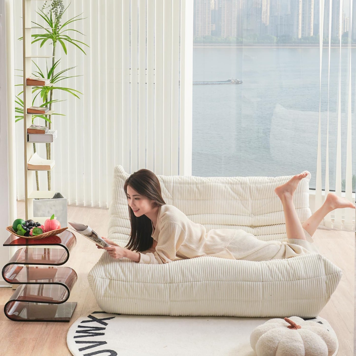 N&V Fireside Loveseat, Mid Century Armless Twin Size Floor Sofa, Soft Premium Corduroy Floor Lounge Chair, Foam Sofa Accent Chair for Living Room Bedroom and Office (Tangerine)