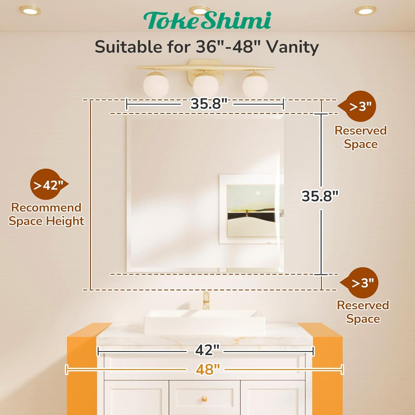 TokeShimi 36x36 Beveled Mirror Frameless Tempered, Rectangle Bathroom Mirror with 1" Beveled Edge, Shatterproof Bathroom Vanity Mirrored Wall Mounted for Living Room, Entryway, Restroom