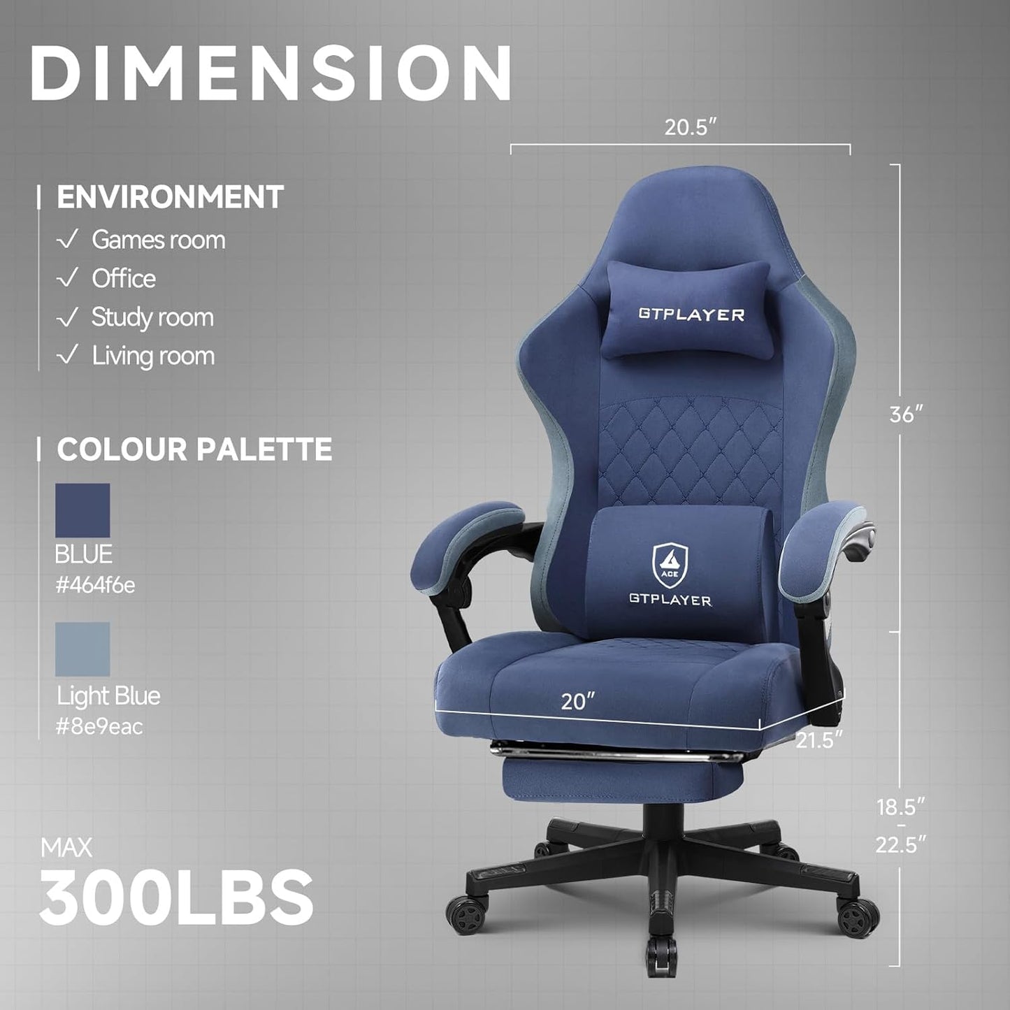 GTPLAYER Office Chair, Gaming Computer Desk Fabric Chair with Footrest, High Back Ergonomic Office Chair with Pocket Spring Lumbar Support and Linkage Armrests Adjustable Height Swivel for Home Task