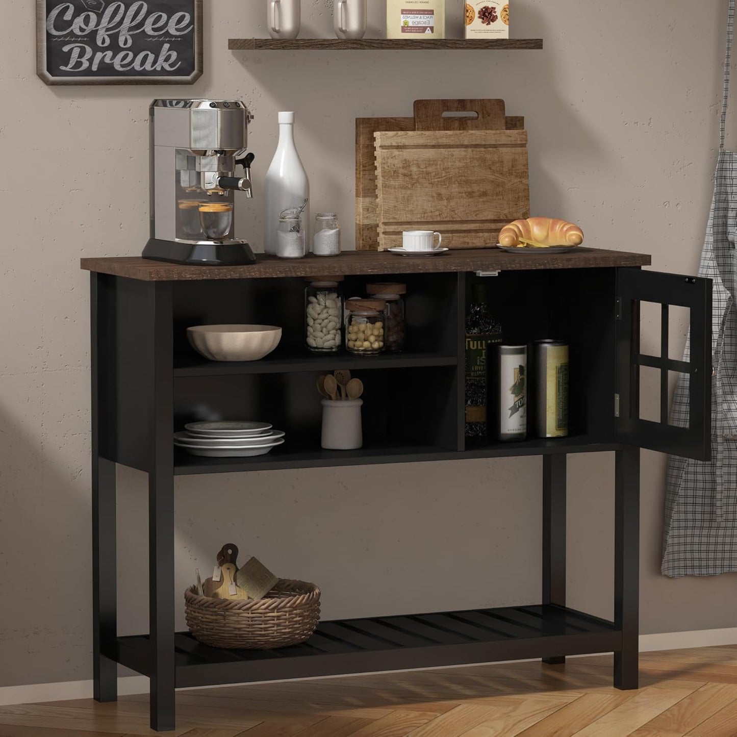 ChooChoo Farmhouse Coffee Bar Cabinet, Buffet Cabinet with Storage, Sideboard Buffet with Glass Door, Console Table for Kitchen, Hallway, Entrance, Black