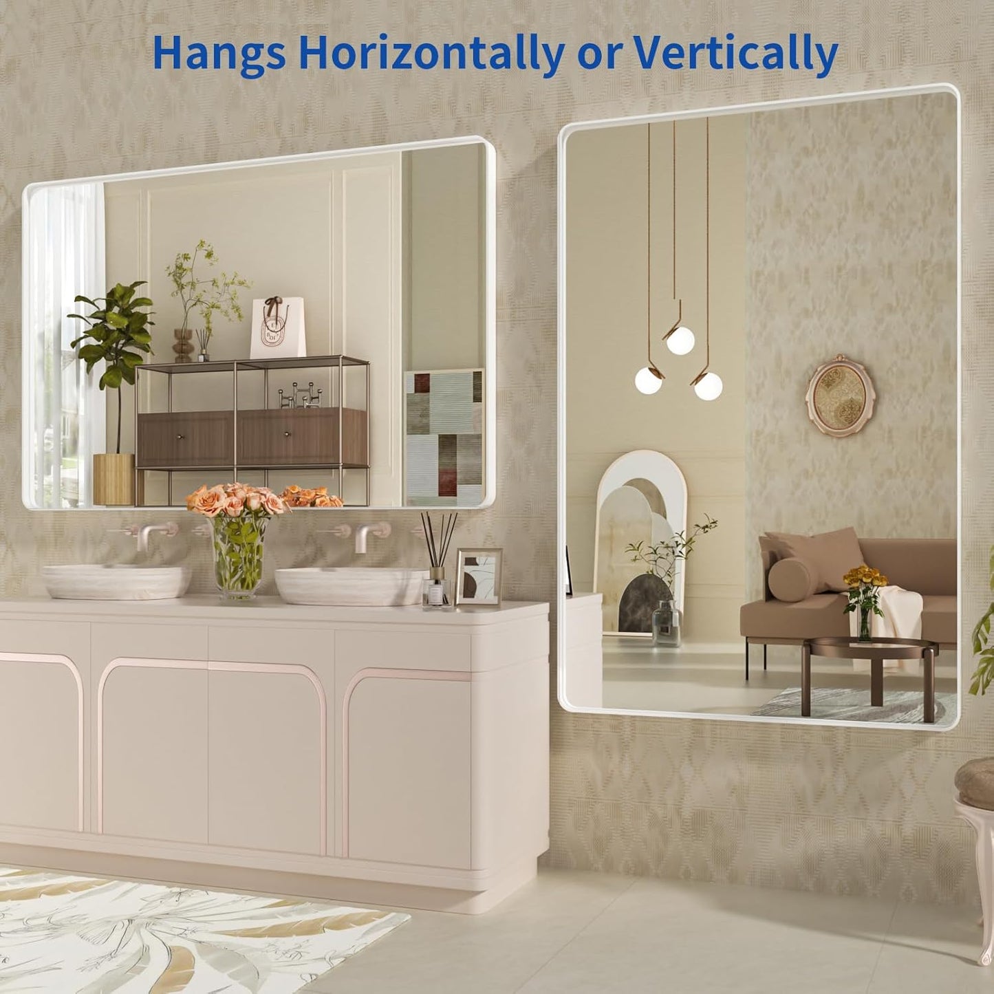 WEER White Bathroom Mirror 55X36 Inch, Rounded Rectangle White Metal Frame Mirror, Matte White Bathroom Vanity Mirror with Tempered Glass, Anti-Rust, Hangs Horizontally or Vertically