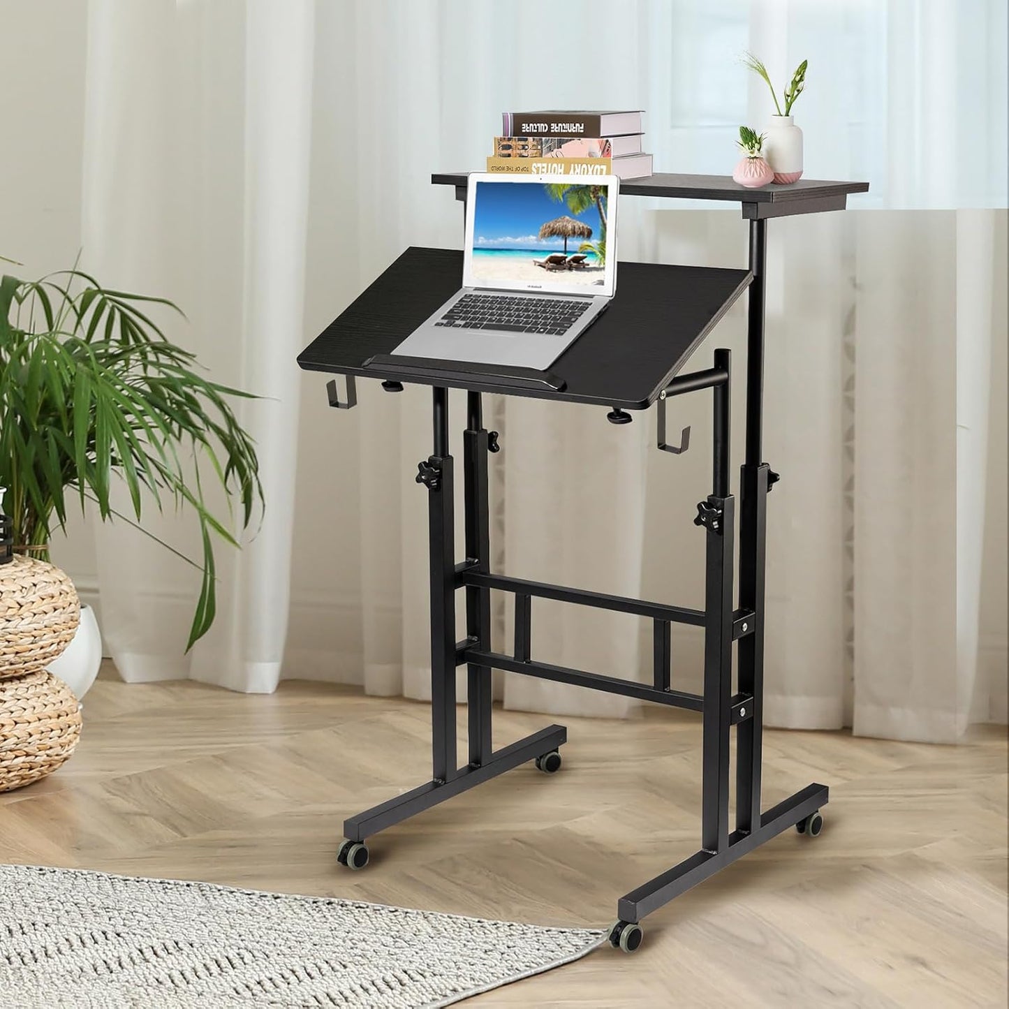 SIDUCAL Mobile Standing Desk, Portable Stand Up, Small Adjustable Converter with Wheels Home Office Workstation, Rolling Desk Laptop Cart for Standing or Sitting, Black