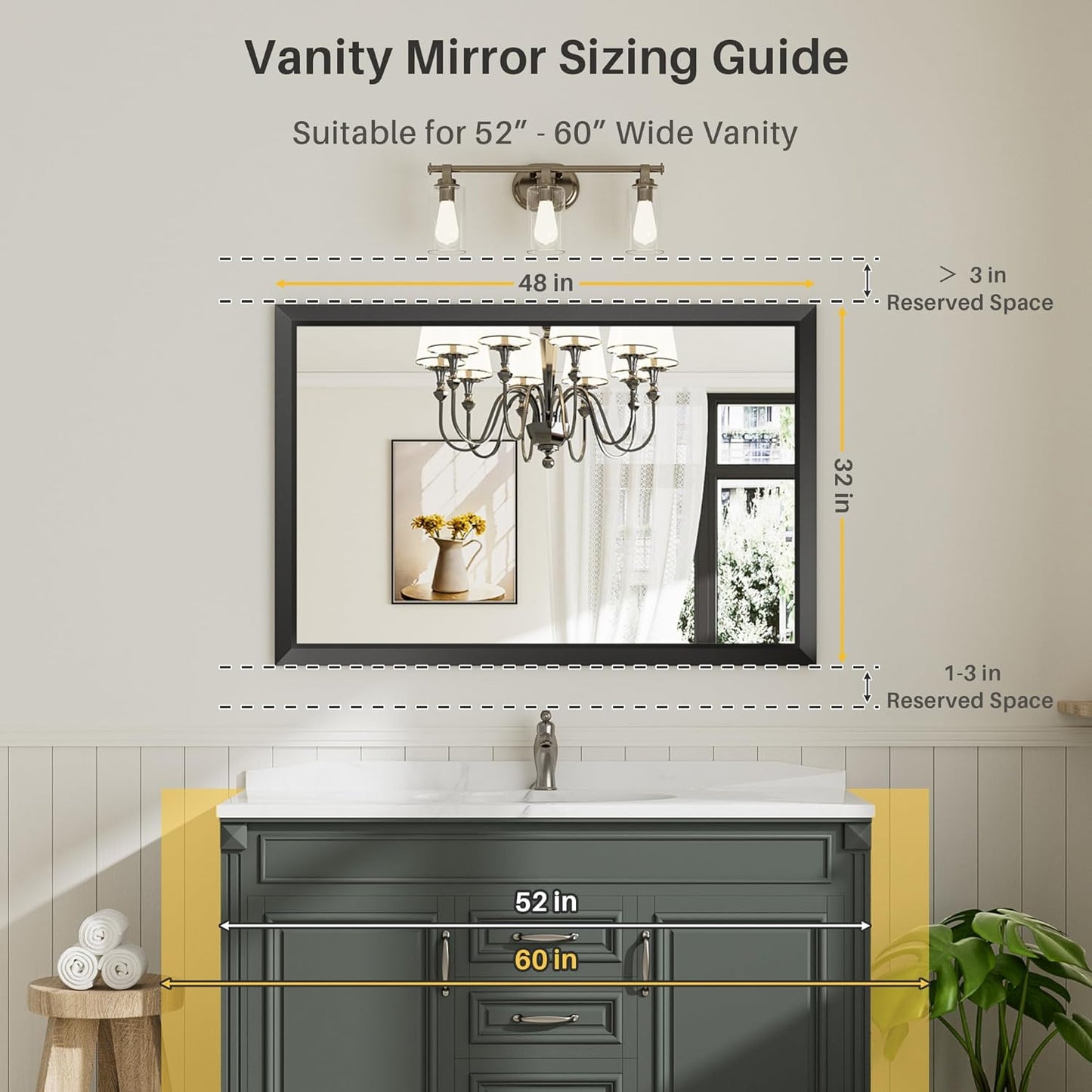 48x32 Inch Black Bathroom Mirror for Wall, Thick Metal Framed Rectangle Mirrors for Over Sink, Bedroom, Living Room, Entryway, Anti-Rust, HD Tempered Glass