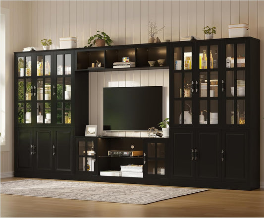 4-Piece Wall Unit TV Stand with Storage & LED Lights for TVs up to 75", Modern Entertainment Center with Bookshelves & 6-Door Pantry Cabinet, Black