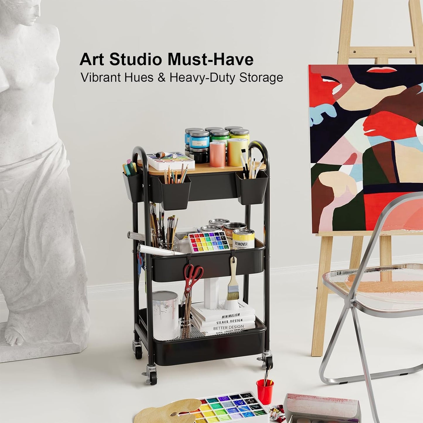 3 Tier Metal Rolling Cart with Wheels and Wooden Table Top, Three Tiered Craft Cart Organizer on Wheels, Black Storage Utility Carts for Art, Diaper Caddy, Baby Nursery, Office, Laundry, Snack, Book