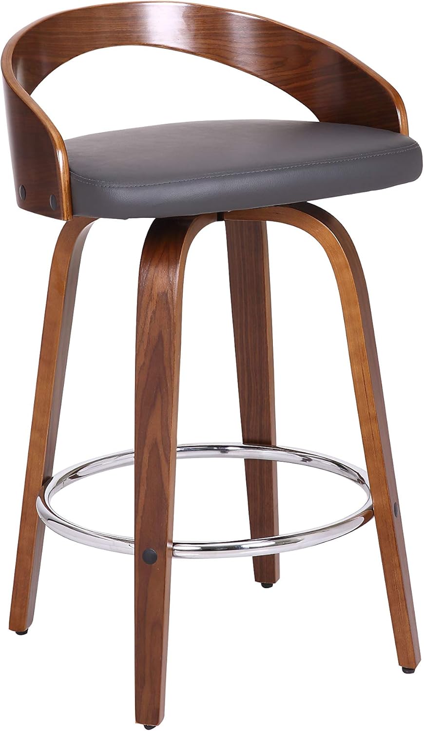 Armen Living Sonia 26" Counter Height Swivel Gray Faux Leather and Walnut Wood Bar Stool - Set of 4