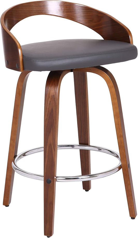 Armen Living Sonia 26" Counter Height Swivel Gray Faux Leather and Walnut Wood Bar Stool - Set of 4