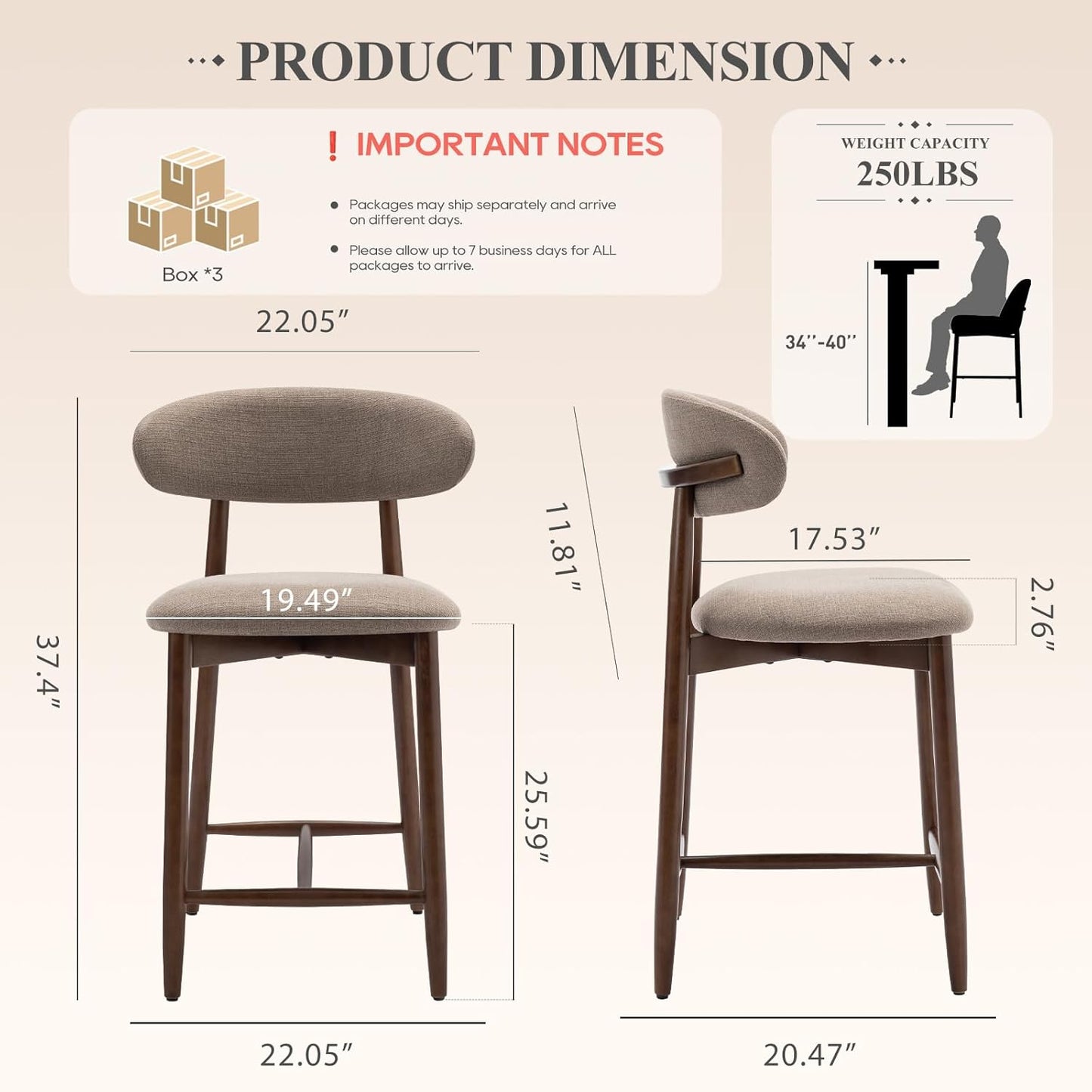COLAMY Counter Height Bar Stools Set of 6, Kitchen Bar Stools with Back, Mid Century Modern Upholstered, with Wood Legs for Kitchen Island Dining Room, Camel