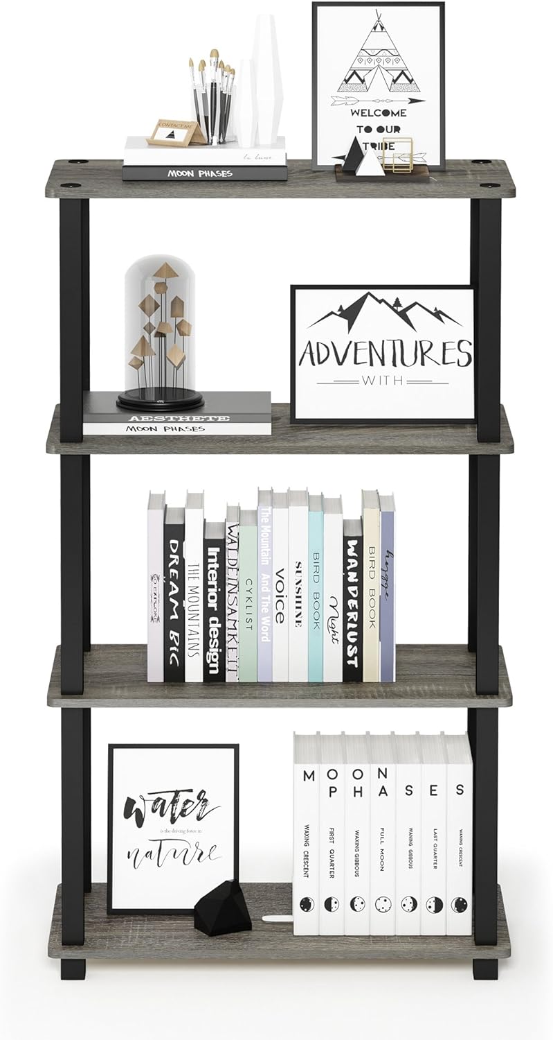 Furinno Turn-N-Tube 4-Tier Multipurpose Shelf Display Rack, Square Tube, French Oak Grey/Black